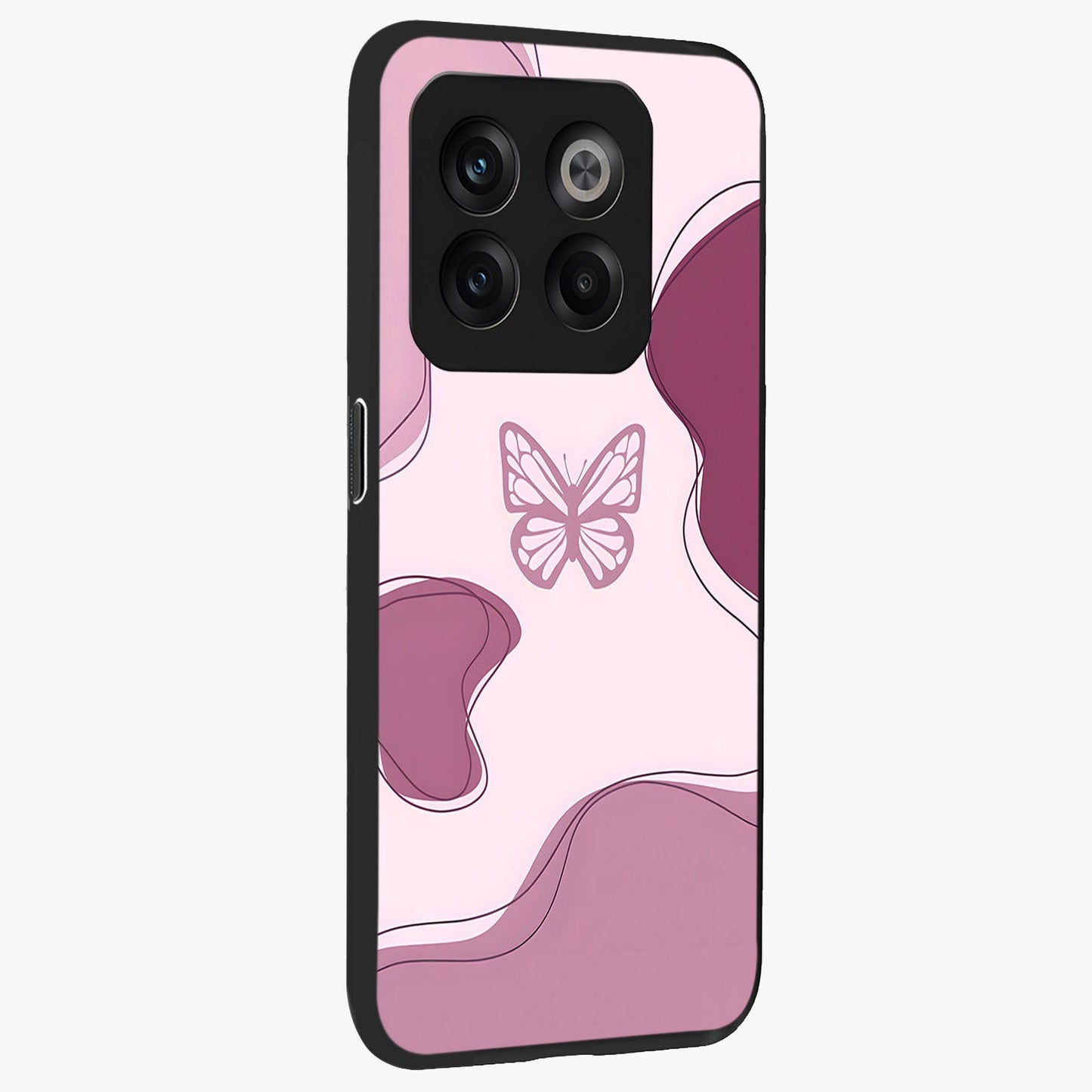 Aesthetic Pinkish Custom Name Butterfly Glass Case for 1+10T side perspective highlighting premium edges and butterfly detailing