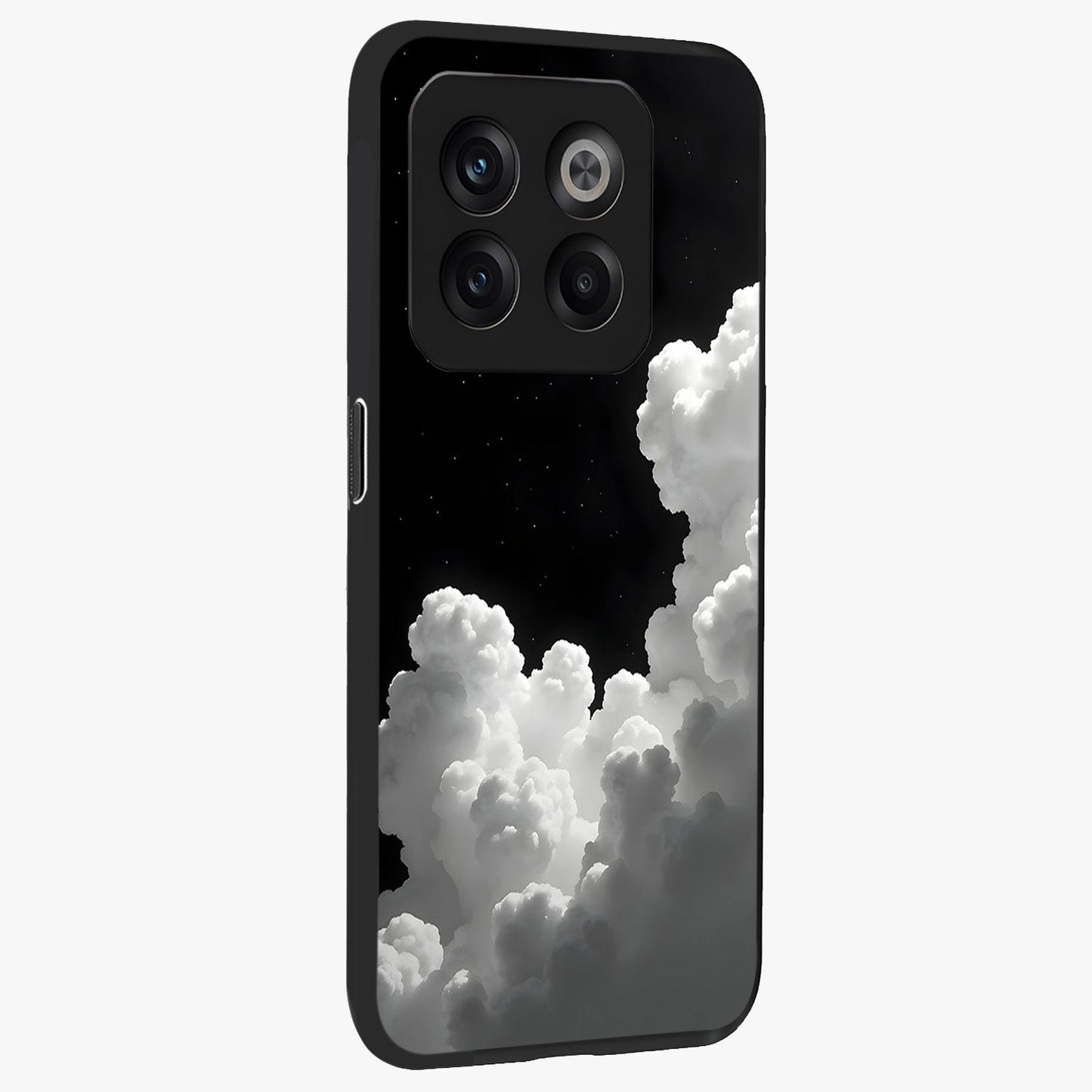 Black Background With White Cloud Glass Case for 1+10T side perspective highlighting smooth edges and minimalist sky theme