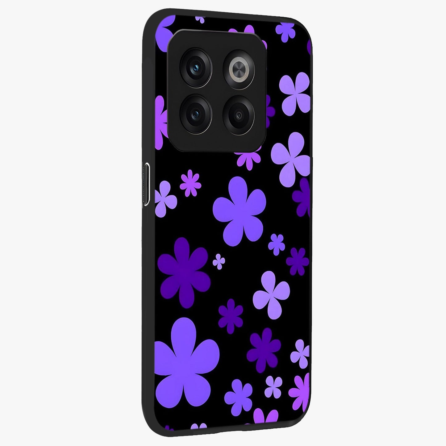 Blue Retro Pop Flowers Glass Case for 1+10T side perspective highlighting colorful vintage floral detailing