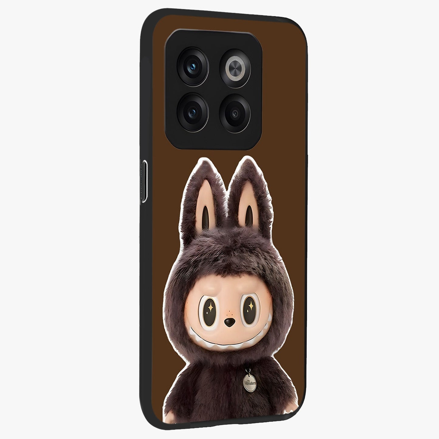 Brown Labubu Design Glass Case for 1+10T side perspective highlighting charming character detailing and smooth edges