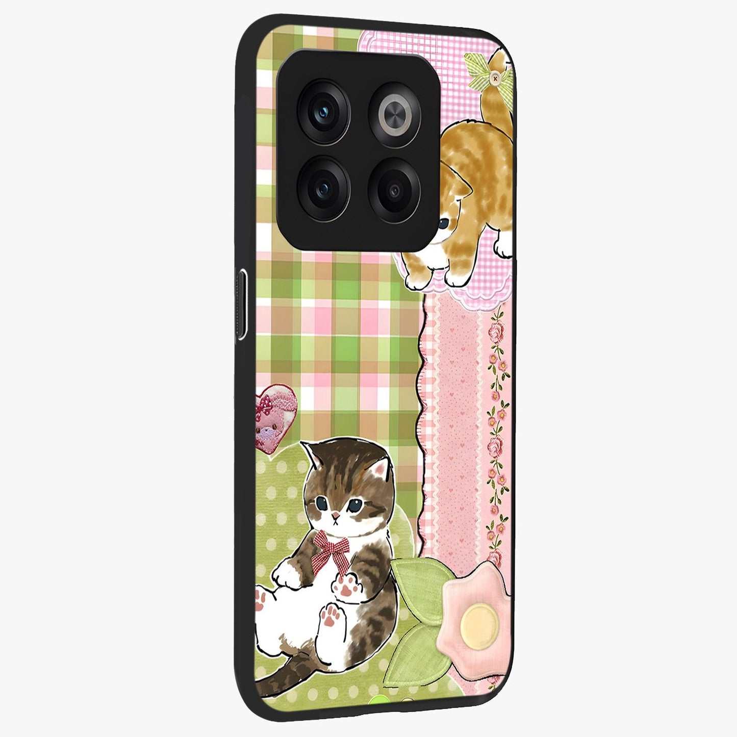 Cats Sweet Button Glass Case for 1+10T side perspective highlighting playful details and sleek premium build