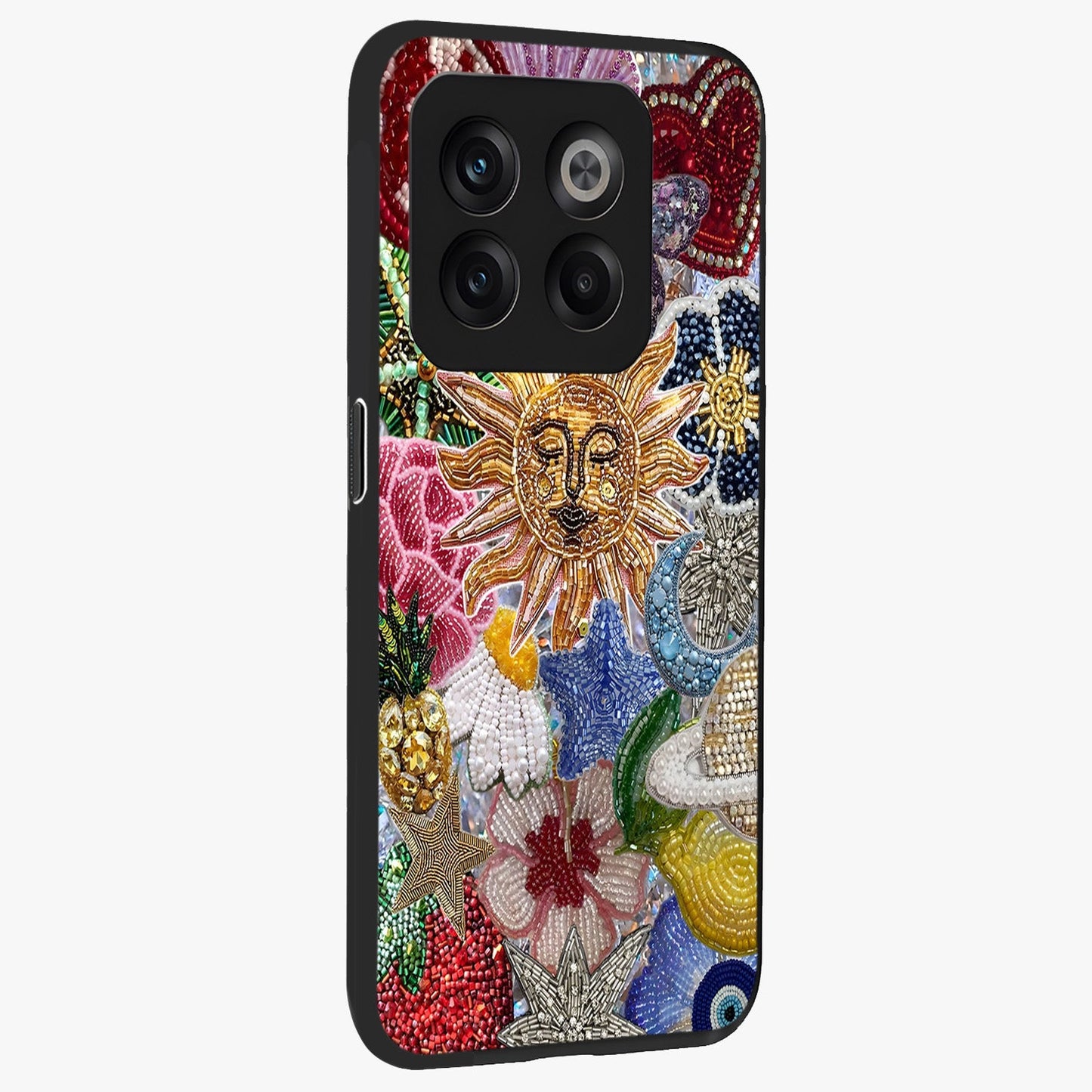 Celestial Floral and Playful Glass Case for 1+10T side perspective highlighting playful bloom textures and smooth edges