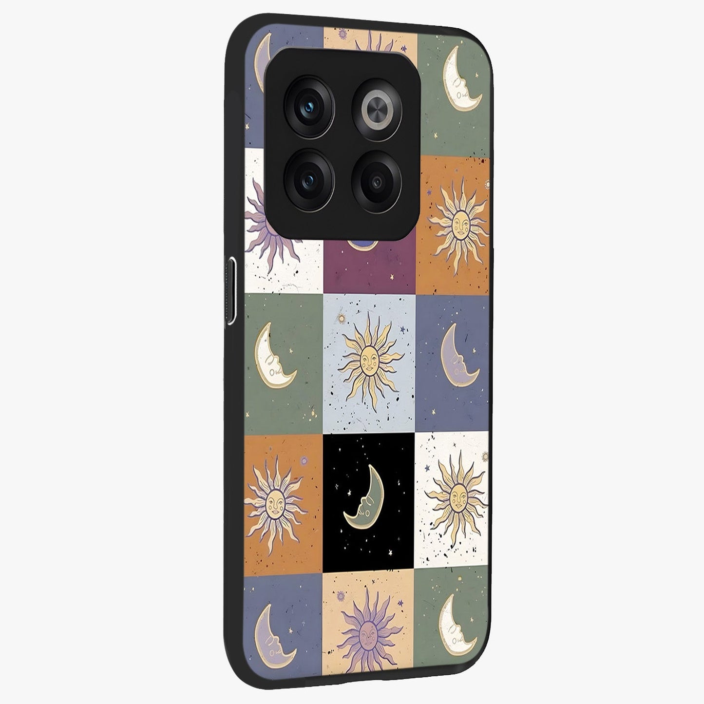 Celestial Patchwork Dreams Glass Case for 1+10T side perspective highlighting vibrant patchwork detailing and sleek edges