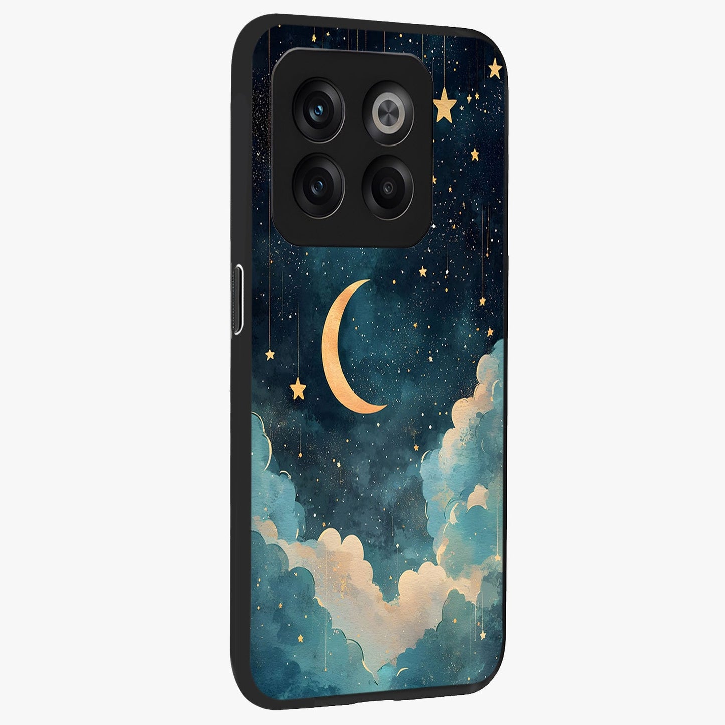 Crescent Galaxy Moon Glass Case for 1+10T side perspective highlighting luminous moon details and premium build