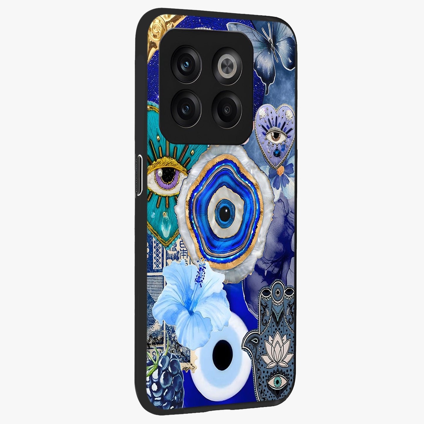 Crimson Evil Eye Charm Glass Case for 1+10T side perspective highlighting intricate charm design and smooth edges