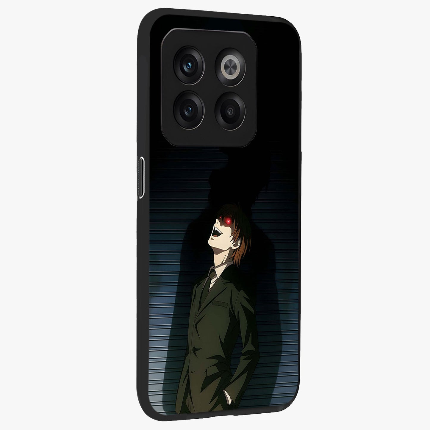 Crimson Shadow King Glass Case for 1+10T side perspective highlighting dramatic contrast and premium finish
