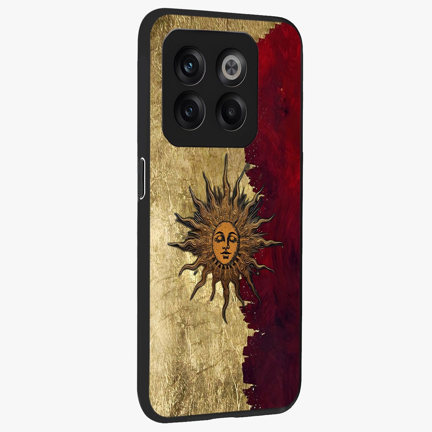 Crimson Sun Majesty Glass Case for 1+10T side perspective highlighting vibrant sun detailing and smooth edges