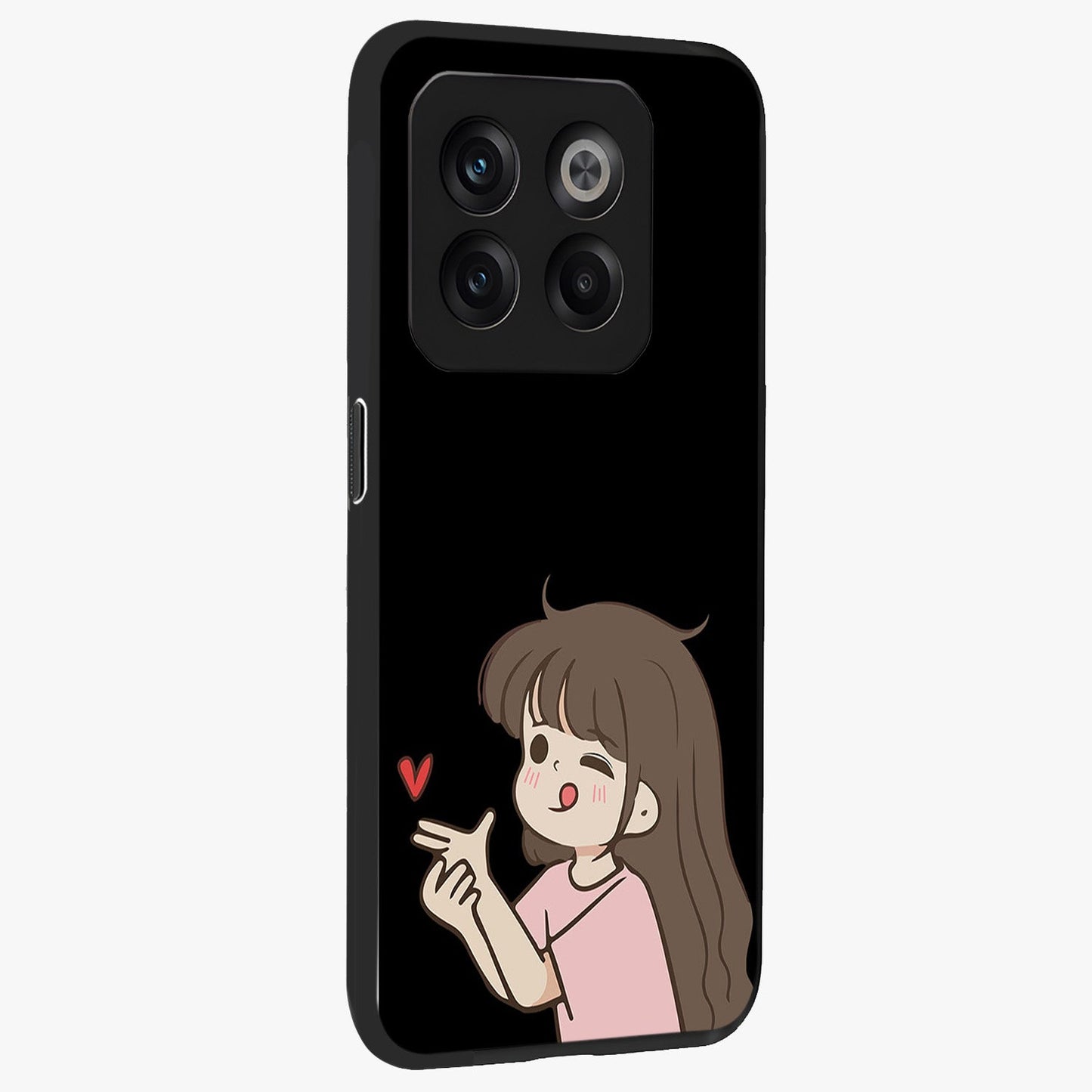 Cute Girl Firing Heart Glass Case for 1+10T side perspective highlighting playful design elements and sleek build