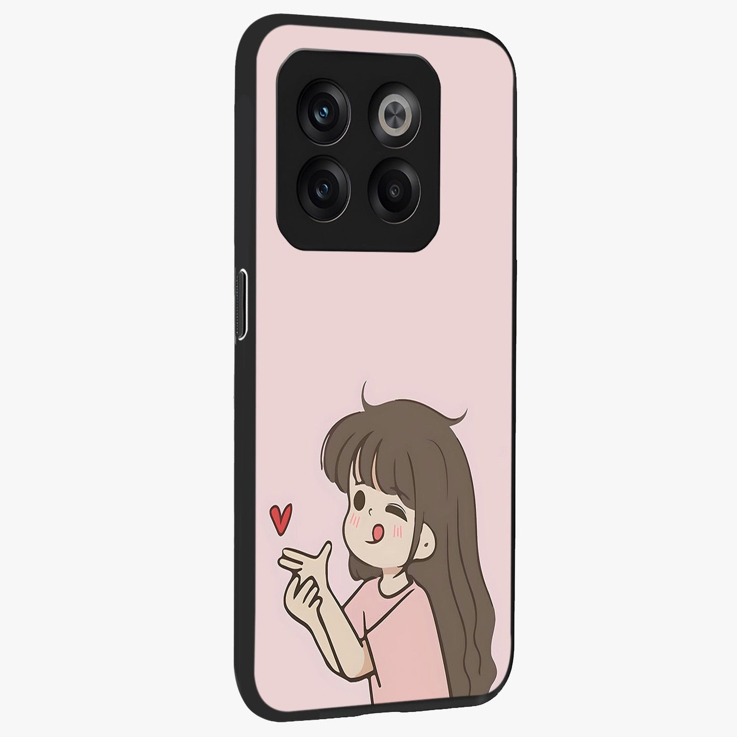 Cute Kiss Heart Glass Case for 1+10T side perspective highlighting delicate heart detailing and premium edge finish