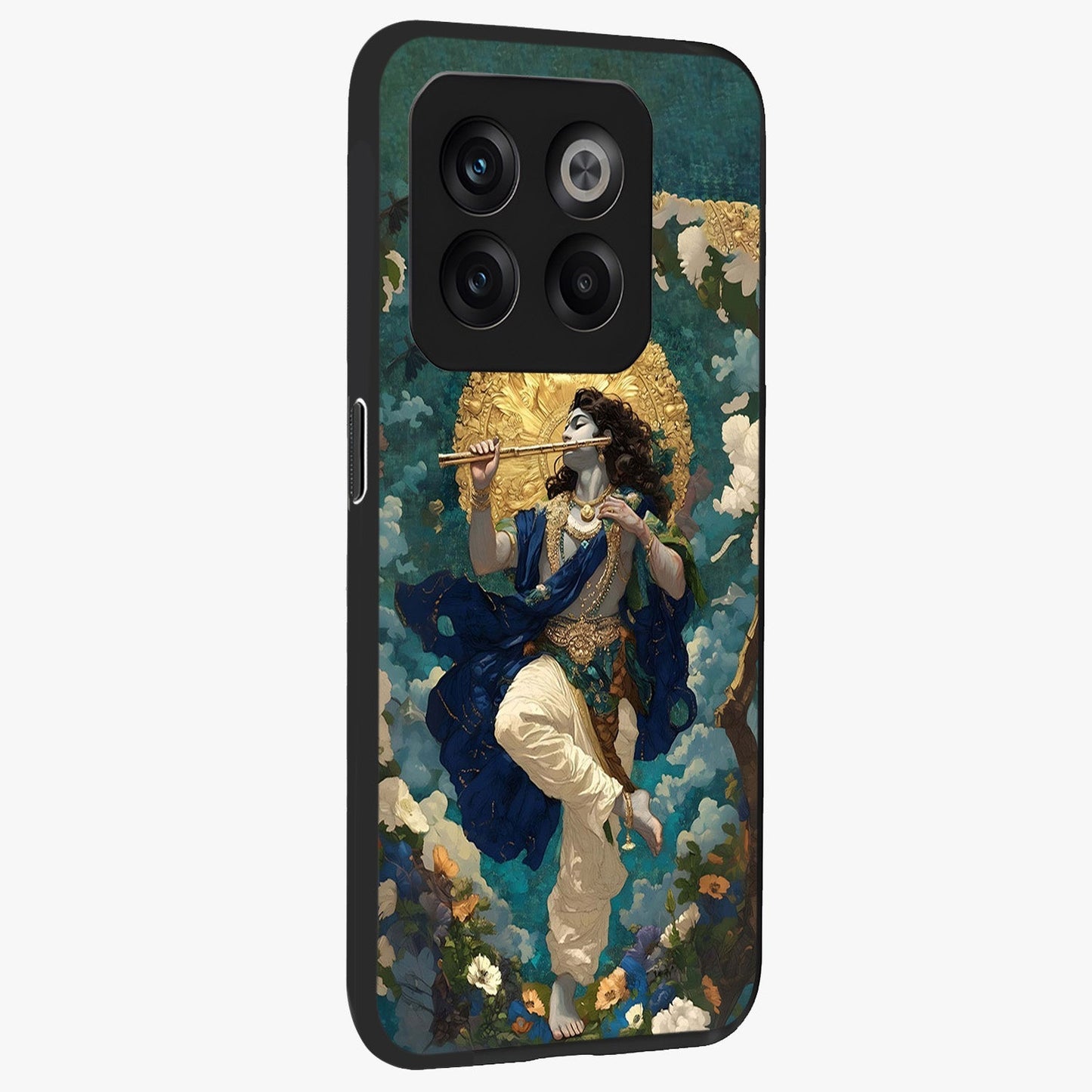 Divine Krishna Art Glass Case for 1+10T side perspective highlighting intricate divine illustration and premium edges