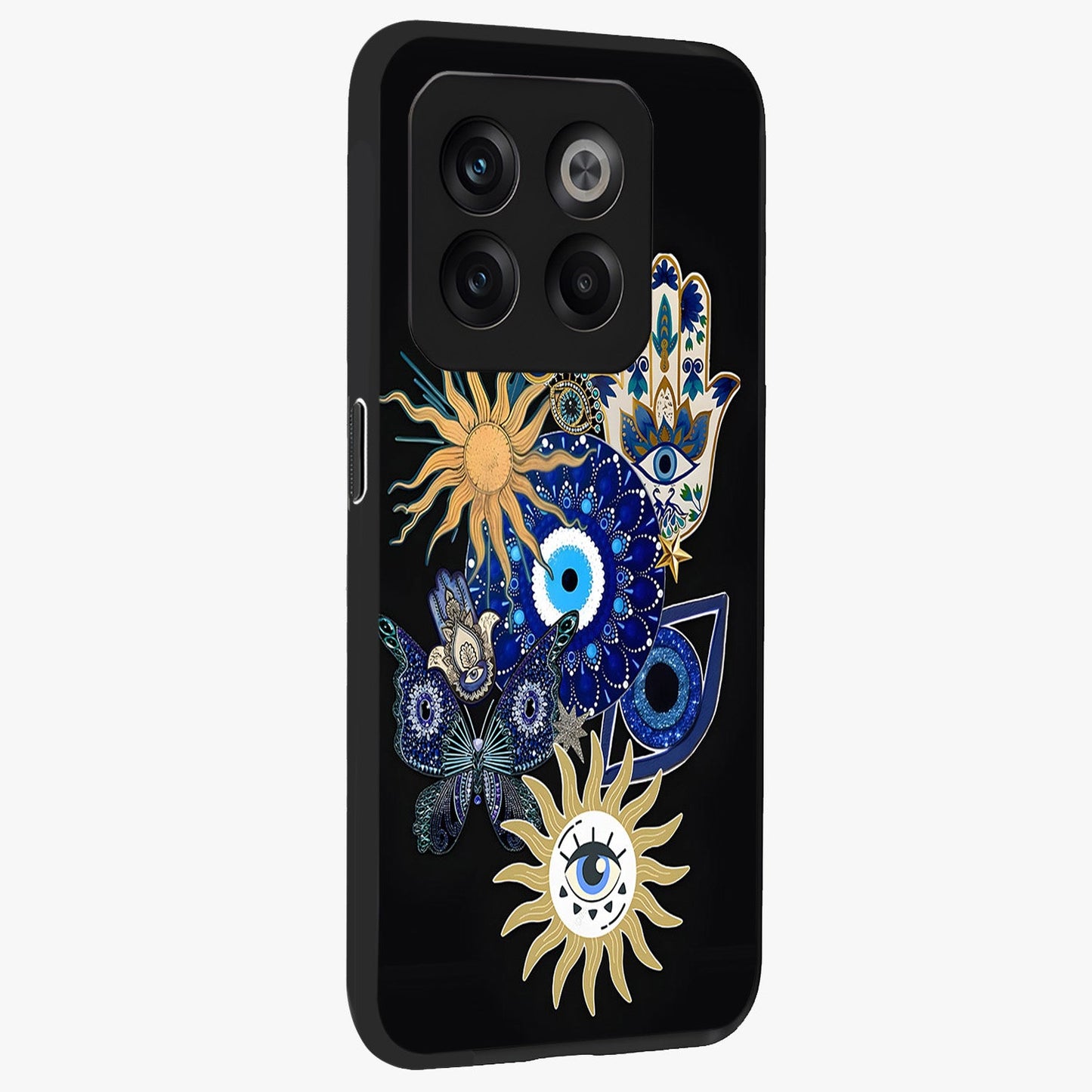 Evil Eye Charm Vibes Glass Case for 1+10T side perspective highlighting vibrant textures and premium edge finish