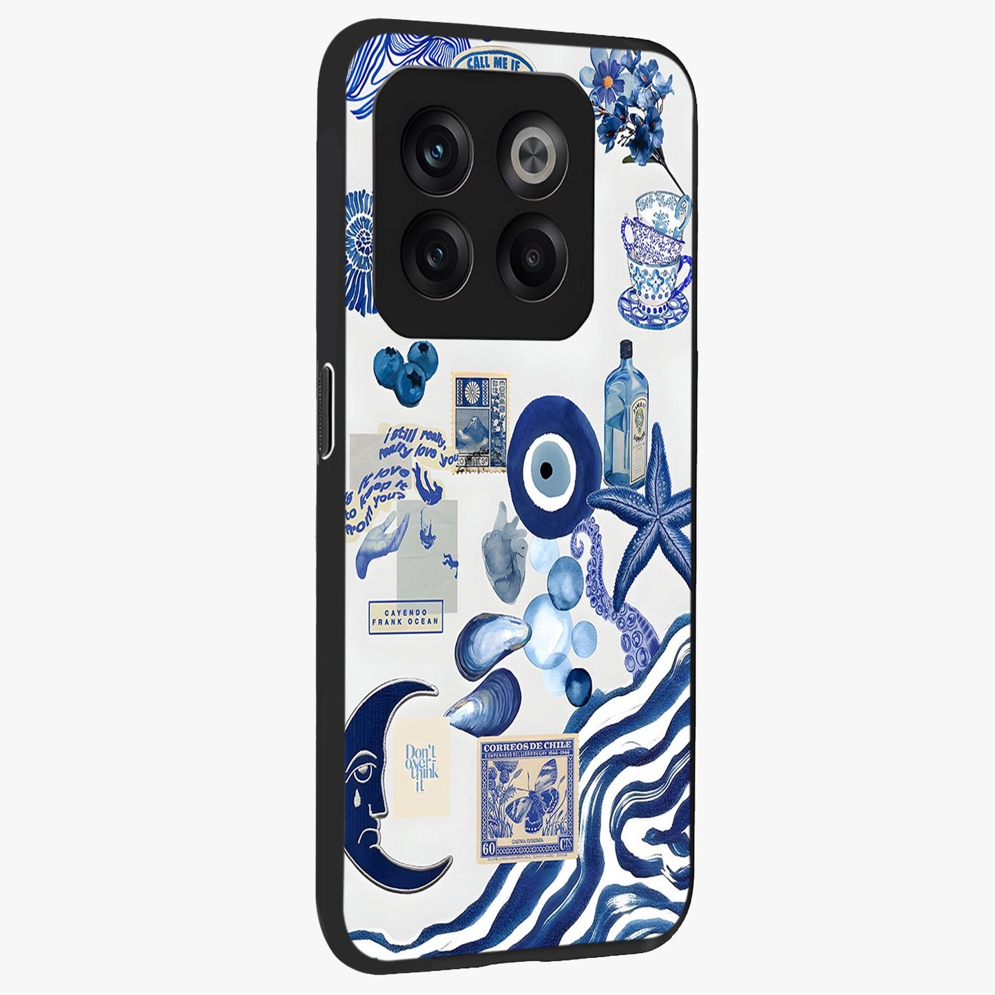 Evil Eyes Dark Blue Glass Case for 1+10T side perspective highlighting intense blue detailing and premium build