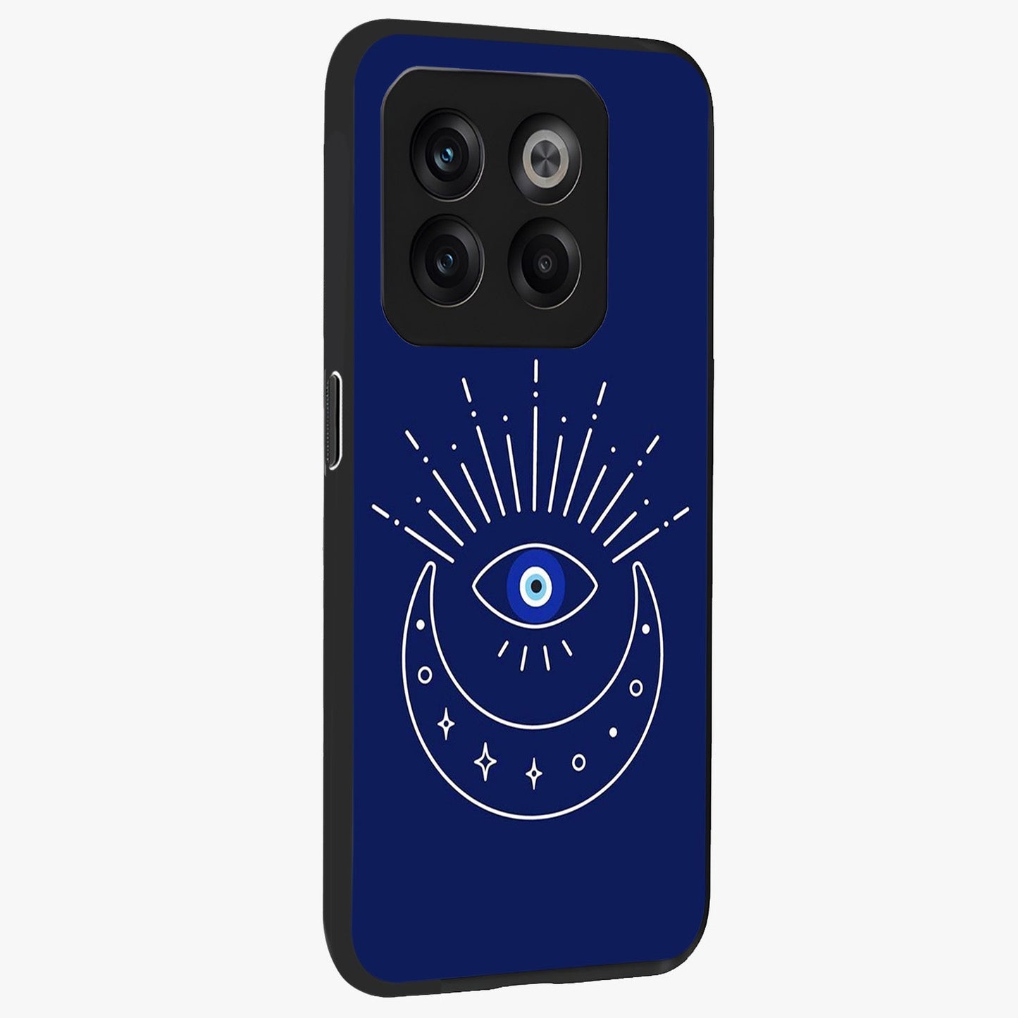 Evil Eye With Blue Themed Collage Glass Case for 1+10T side perspective highlighting bold collage detailing and smooth edges