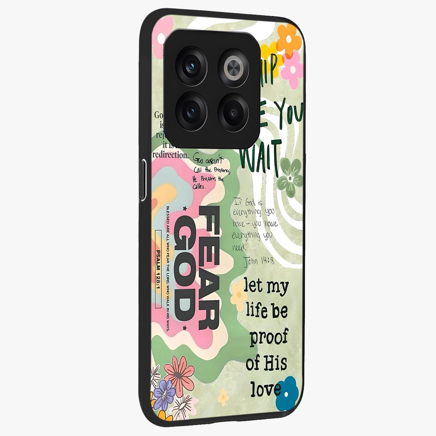 Faith Over Fear Glass Case for 1+10T side perspective highlighting powerful text detailing and premium edges