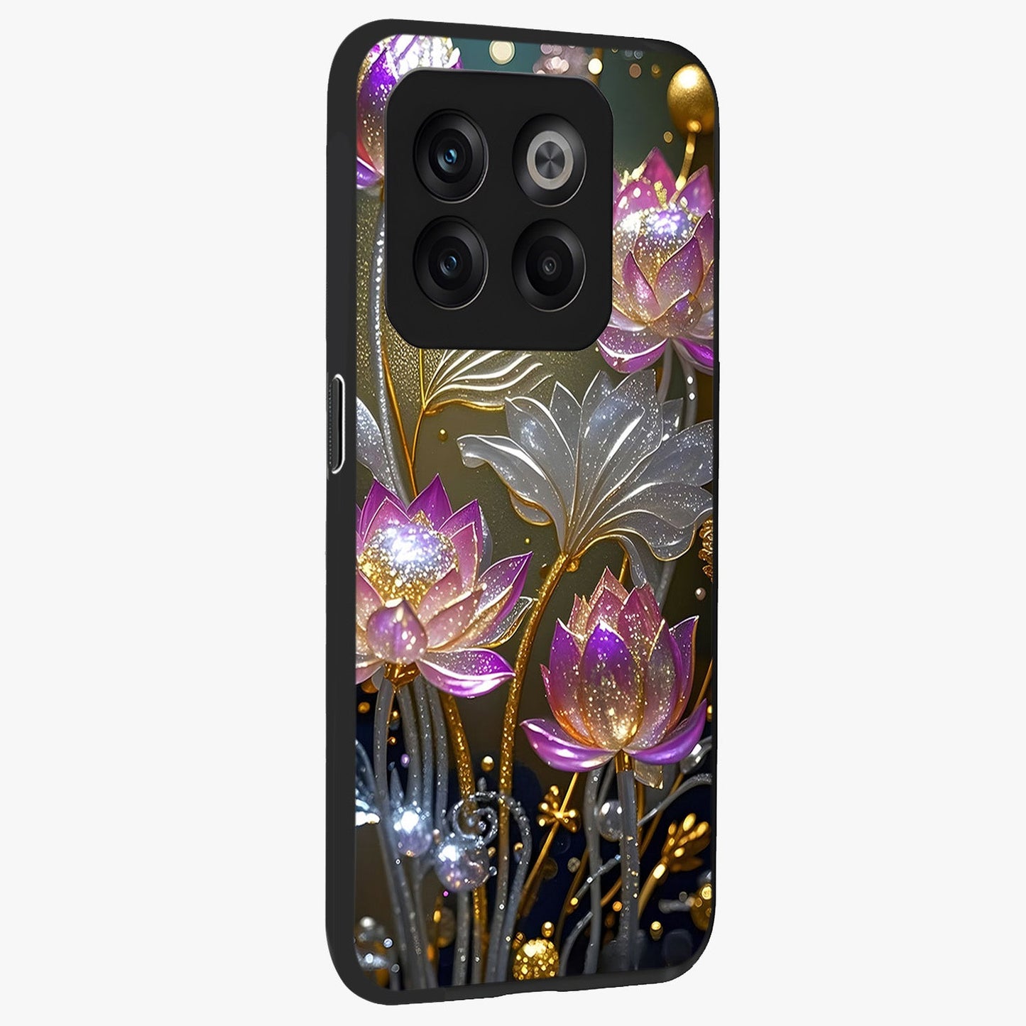 Golden Mind Moment Glass Case for 1+10T side perspective highlighting smooth textures and sleek premium build