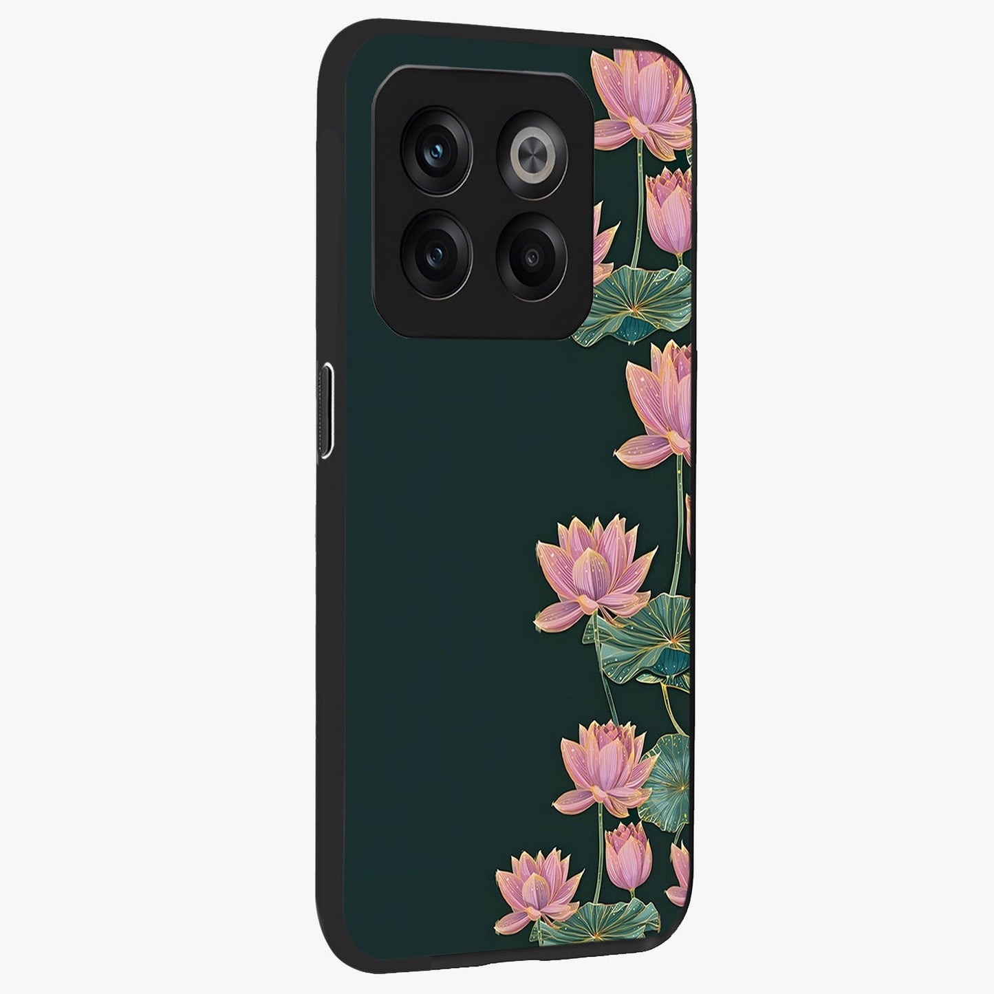 Lotus Bloom Serenity Glass Case for 1+10T side perspective highlighting delicate petal textures and premium edges