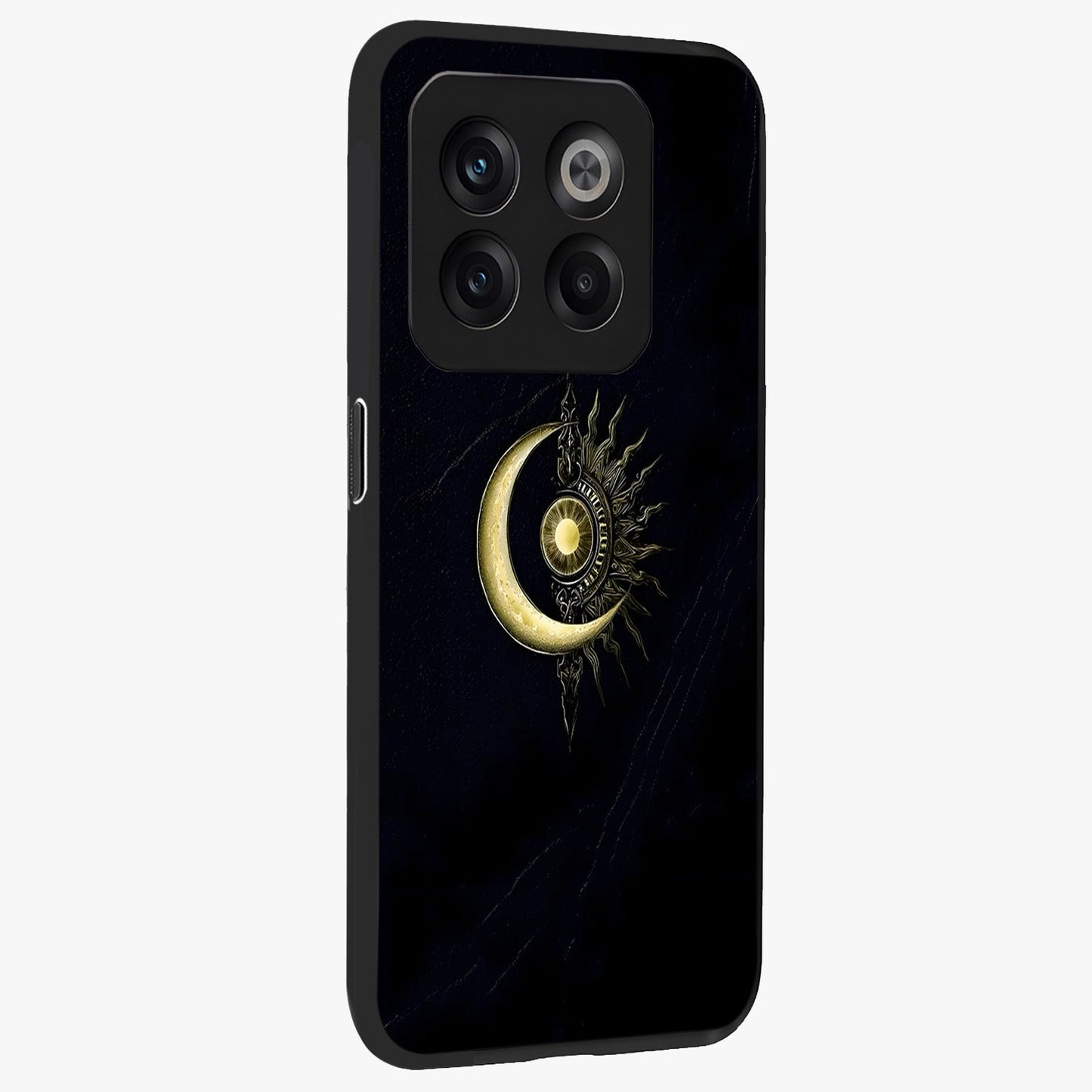 Mystic Lunar Flame Glass Case for 1+10T side perspective highlighting intense flame textures and premium build