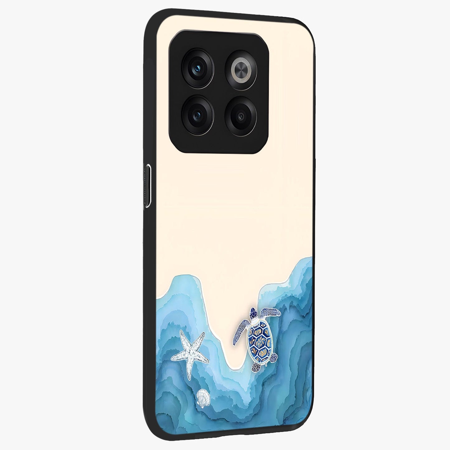 Ocean Drift Turtle Glass Case for 1+10T side perspective highlighting aquatic textures and premium edges