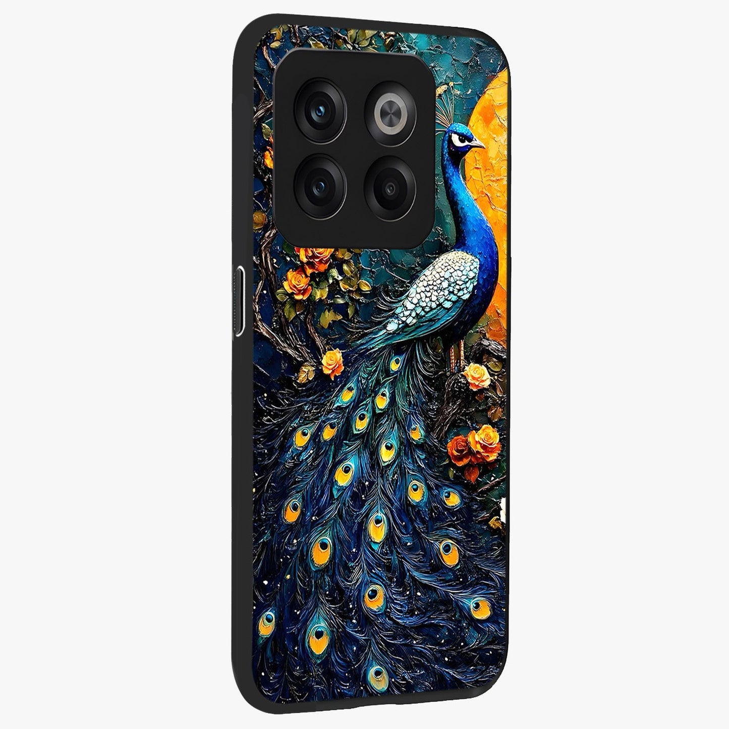 Peacock With Yellow Moon Glass Case for 1+10T side perspective highlighting vibrant plumage detailing and premium edges