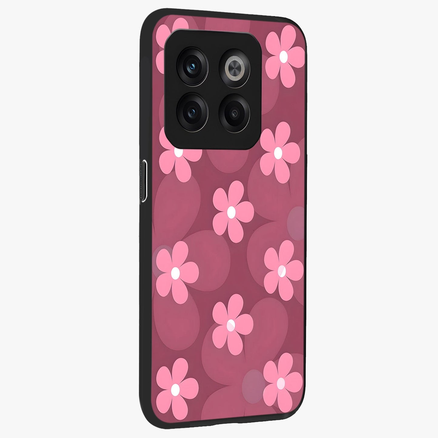 Pink Daisy Flower Pattern Glass Case for 1+10T side perspective highlighting bright floral textures and smooth build