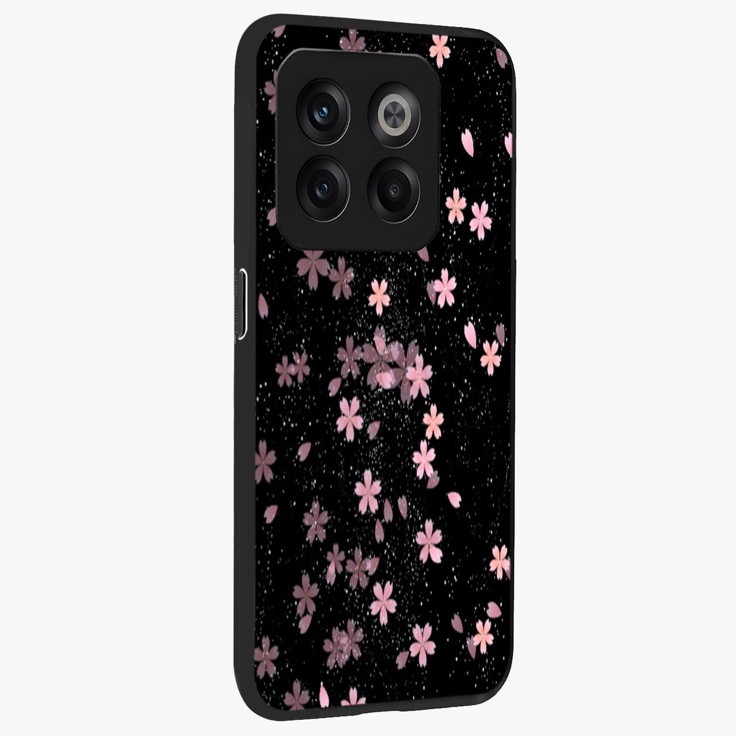 Pink Flower Black Background Glass Case for 1+10T side perspective highlighting vivid bloom textures and sleek build