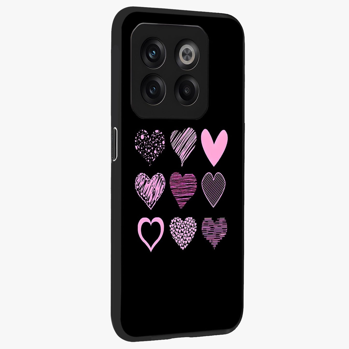 Pink Heart Aesthetic Glass Case for 1+10T side perspective highlighting smooth textures and premium edge finish