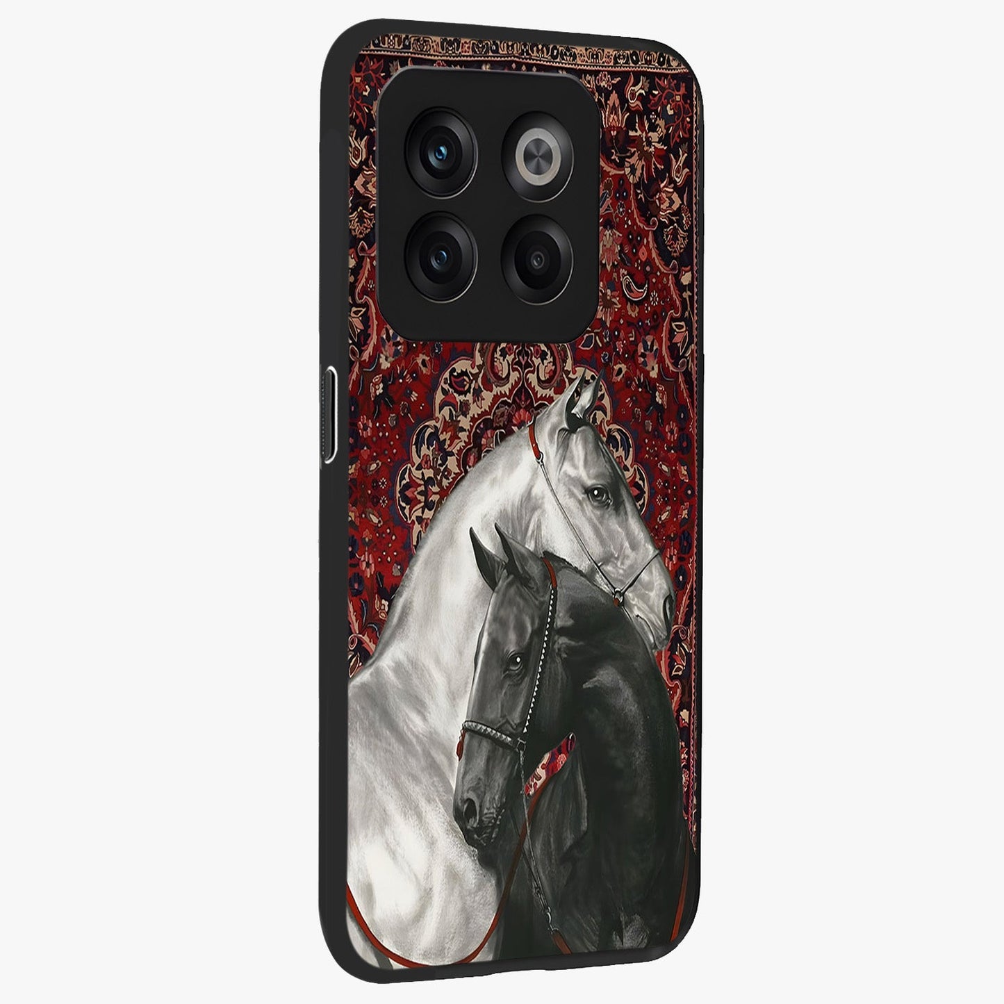 Regal Stallion Tapestry Glass Case for 1+10T side perspective highlighting intricate equestrian textures and premium edges