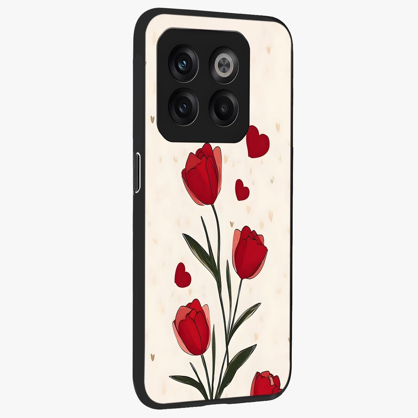 Romantic Tulip Hearts Glass Case for 1+10T side perspective highlighting delicate bloom textures and premium edges
