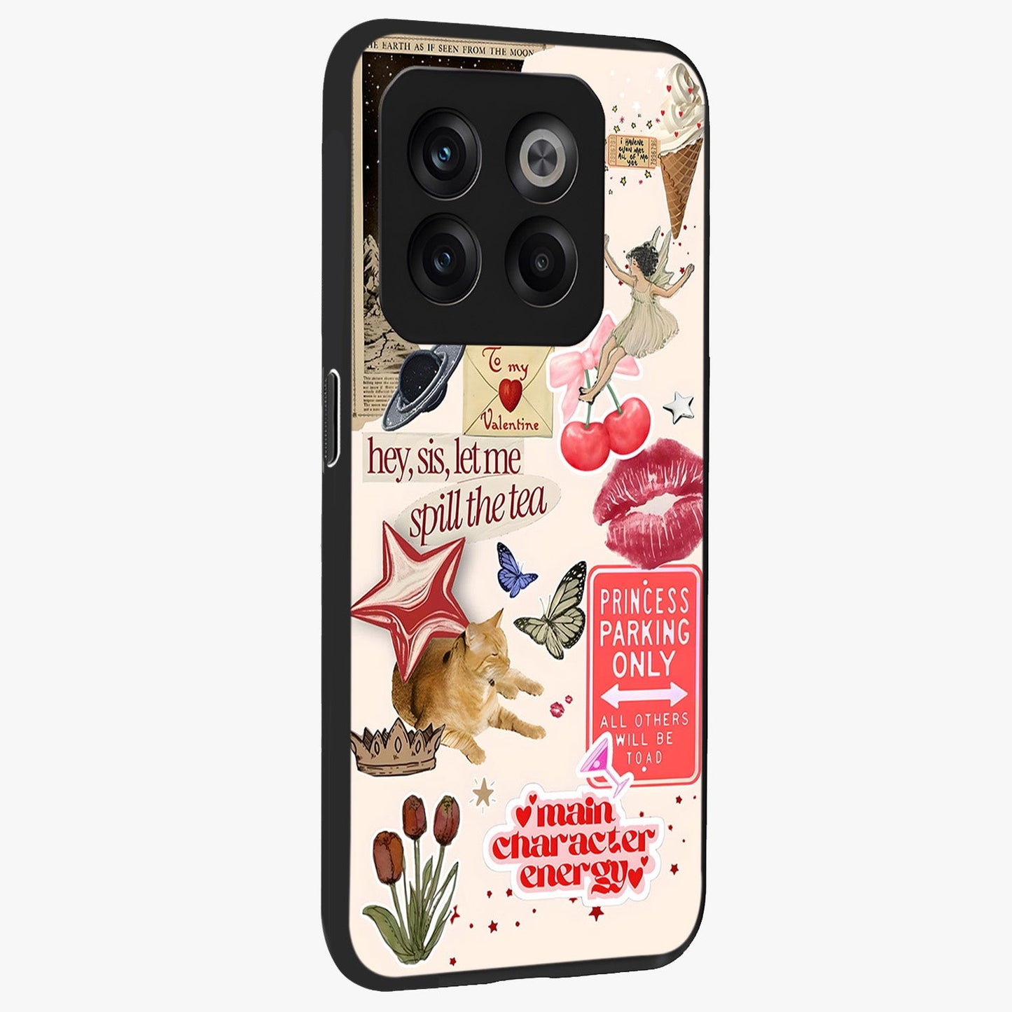 Spill the Tea Retro Collage Glass Case for 1+10T side perspective highlighting layered textures and sleek build