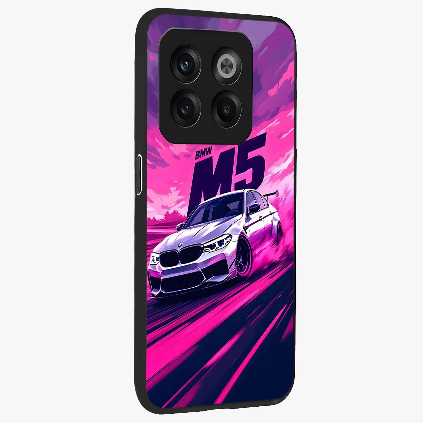 Velocity Drift Pulse Glass Case for 1+10T side perspective highlighting sharp automotive textures and sleek build