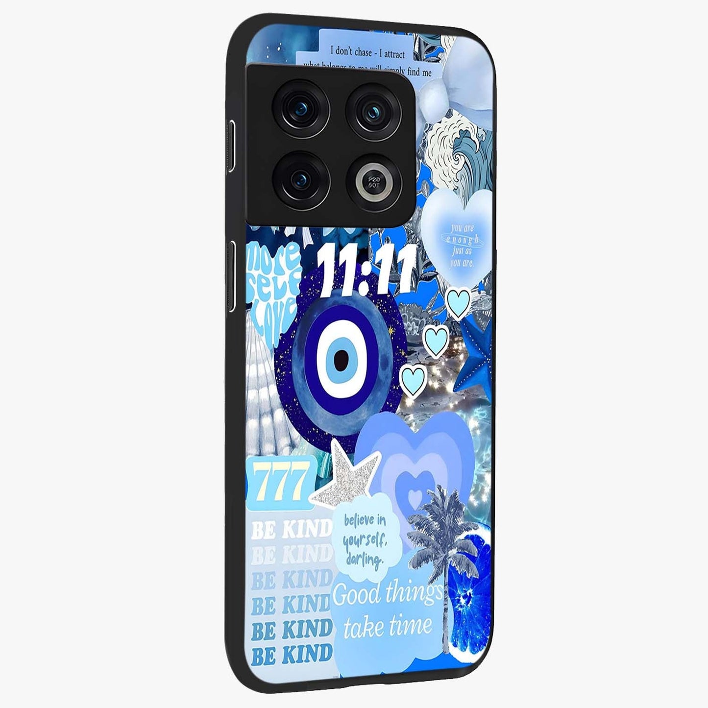 Aesthetic Be Kind Eye Glass Case upright view showcasing stylish eye illustration with positive message theme.