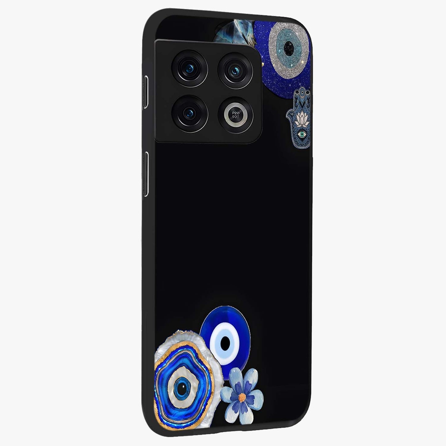 Aesthetic Blue Evil Eye Glass Case upright view showcasing mystical evil eye graphic with minimal aesthetic style.