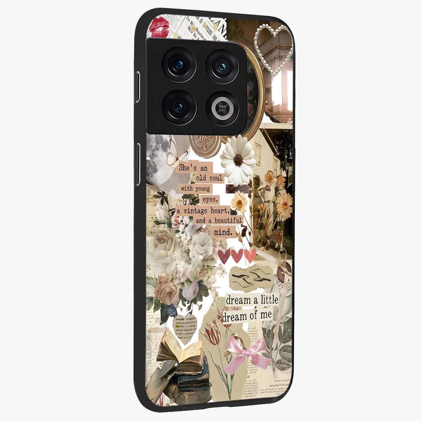 Aesthetic Brown Vintage Collage Glass Case upright view showcasing nostalgic retro artwork with stylish vintage theme.
