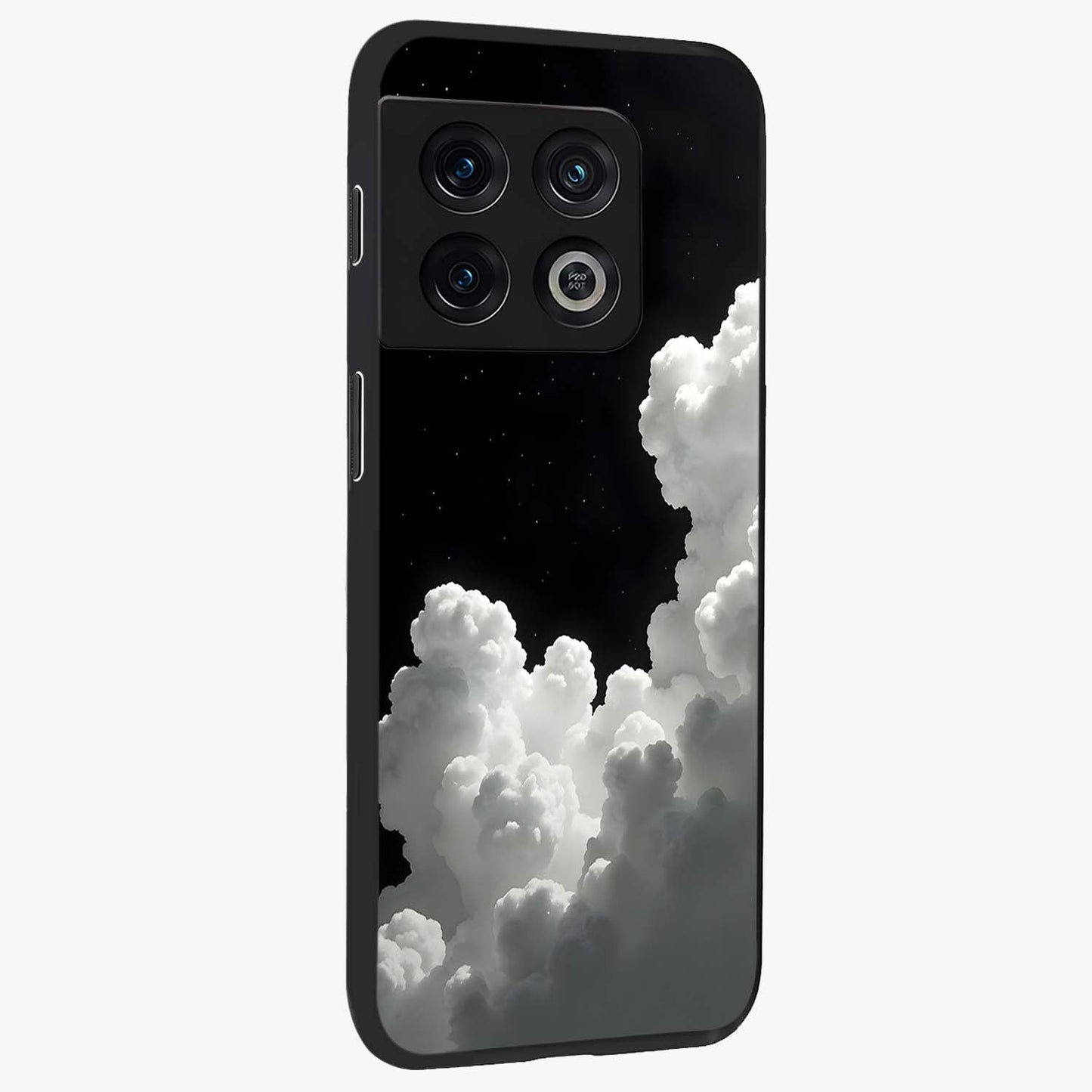 Black Background With White Cloud Glass Case upright view showcasing calm cloud aesthetic with modern minimal style.