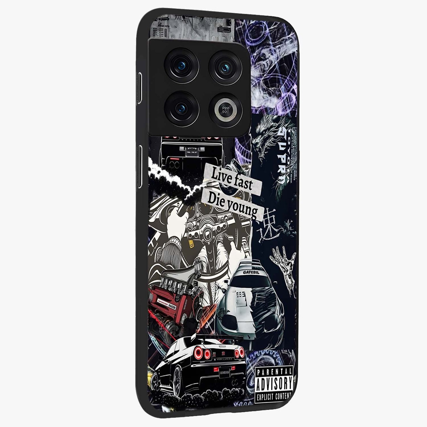 Die Young Glass Case upright view showcasing striking typography artwork with modern statement theme.