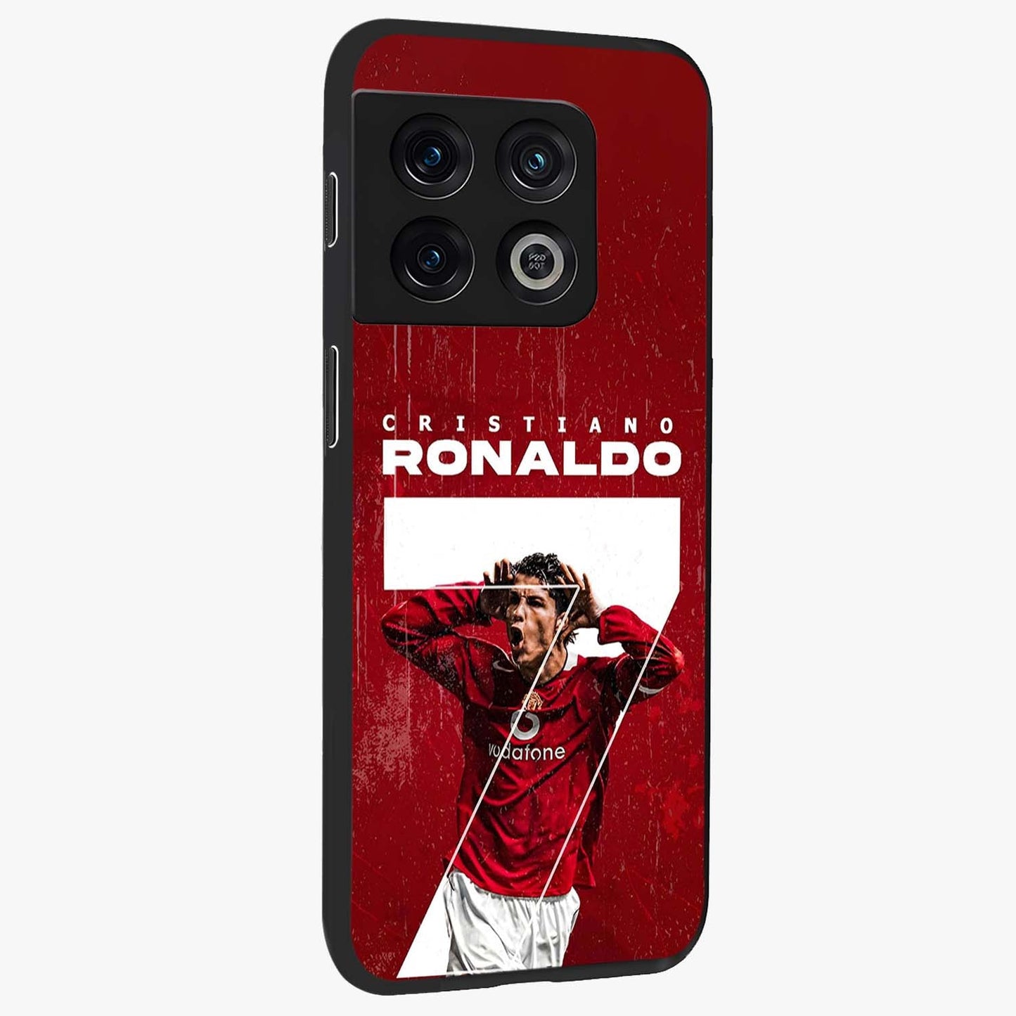 Goal Celebration Legacy Glass Case upright view showcasing dynamic football inspired artwork with victory celebration aesthetic.