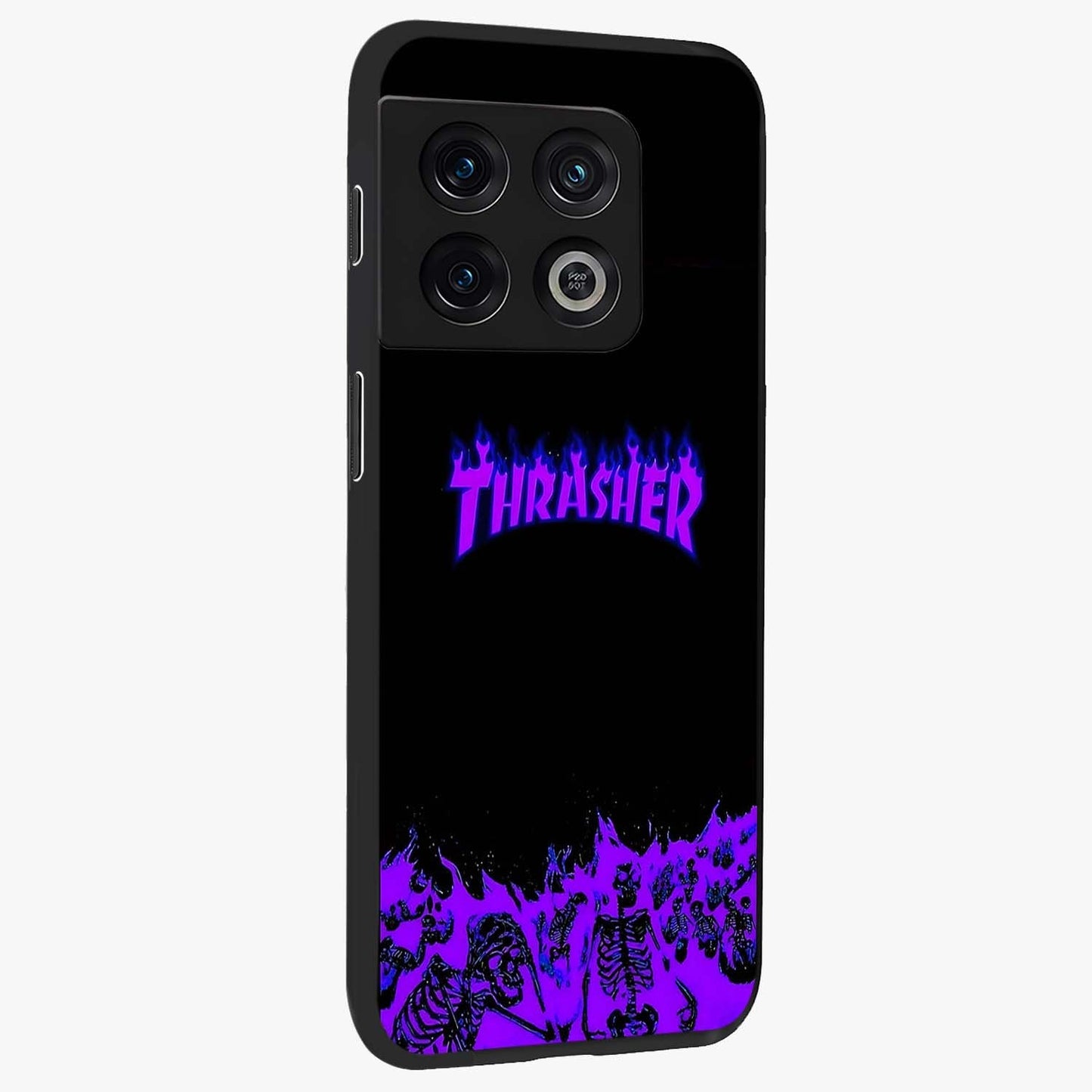 Neon Flame Riot Glass Case upright view showcasing dynamic flame artwork with energetic neon theme.