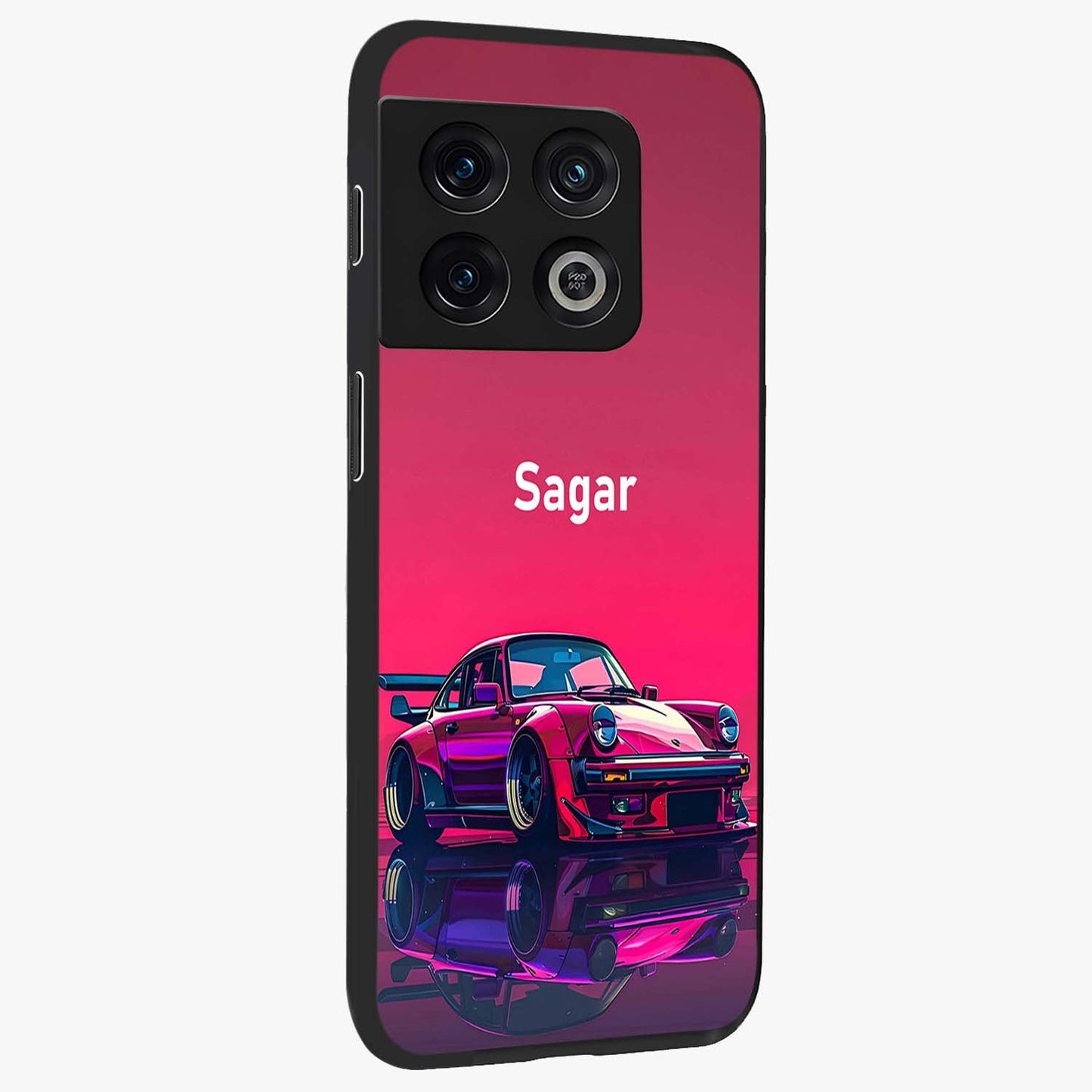 Neon Pink Porsche Glass Case upright view showcasing vibrant sports car artwork with bold automotive theme.