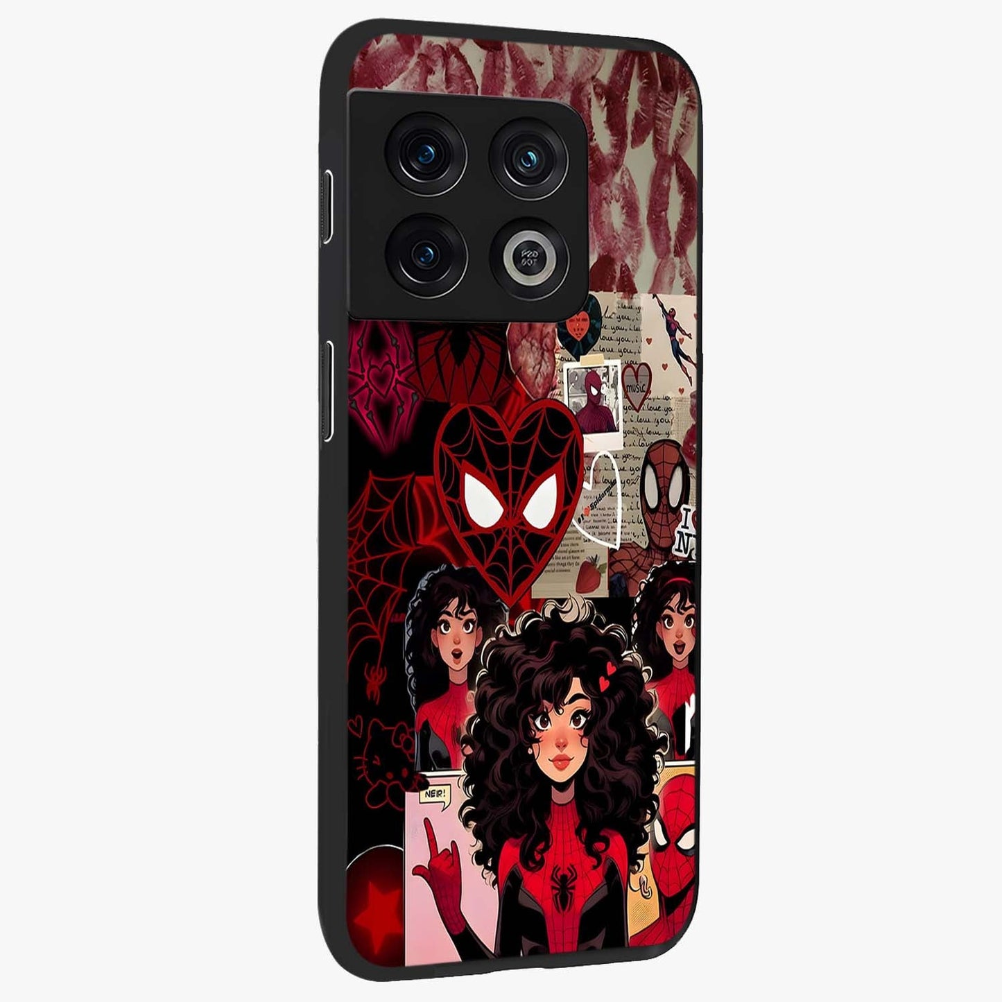 Spider Love Story Glass Case upright view showcasing charming superhero artwork with romantic comic theme.