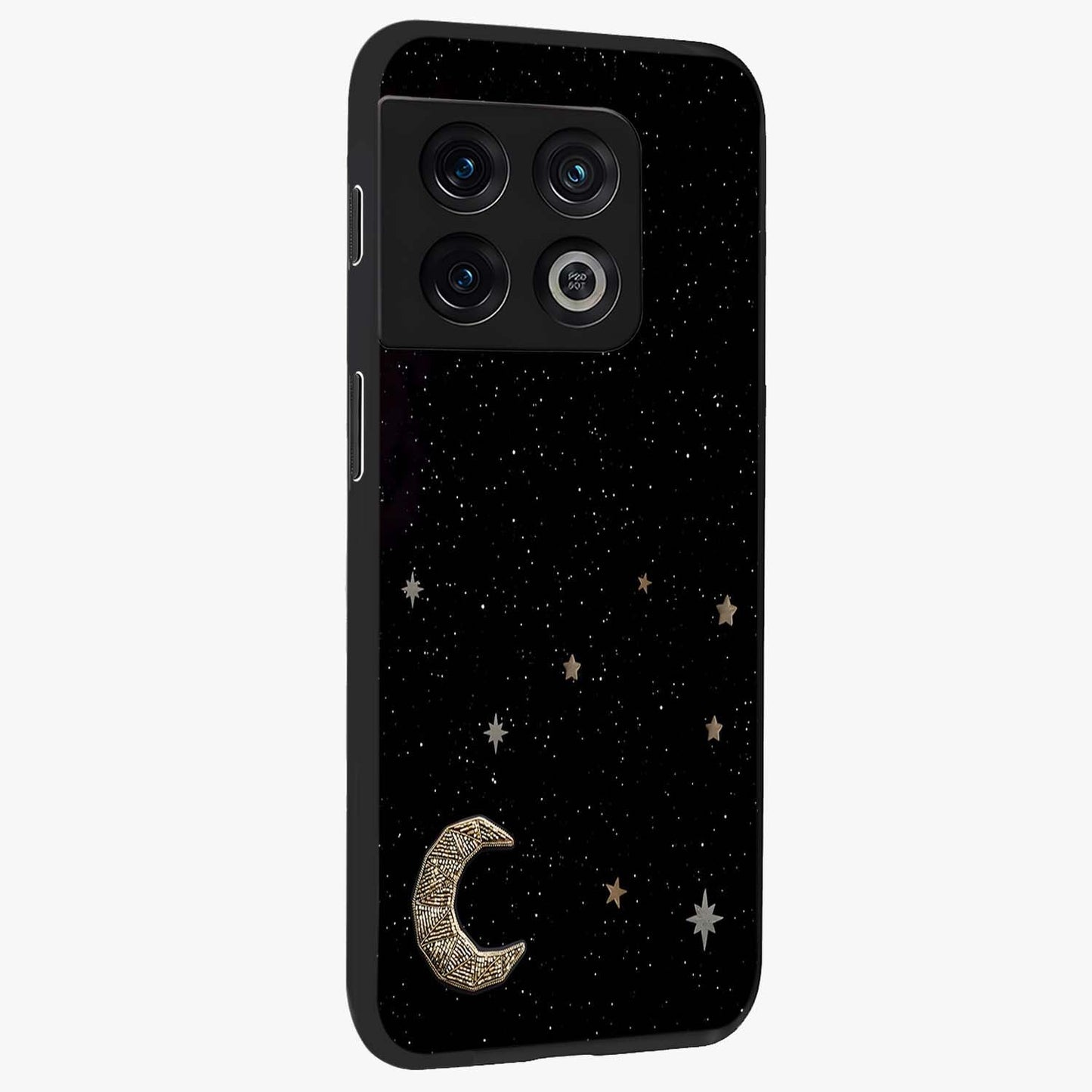 Twinkle Star With Half Moon Glass Case upright view showcasing glowing cosmic artwork with dreamy night theme.