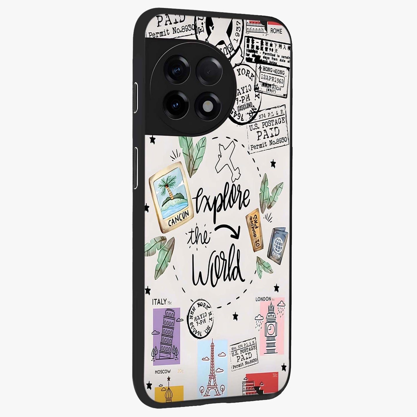 Adventure Awaits Art Glass Case for 1+11R side perspective highlighting motivational travel graphic details