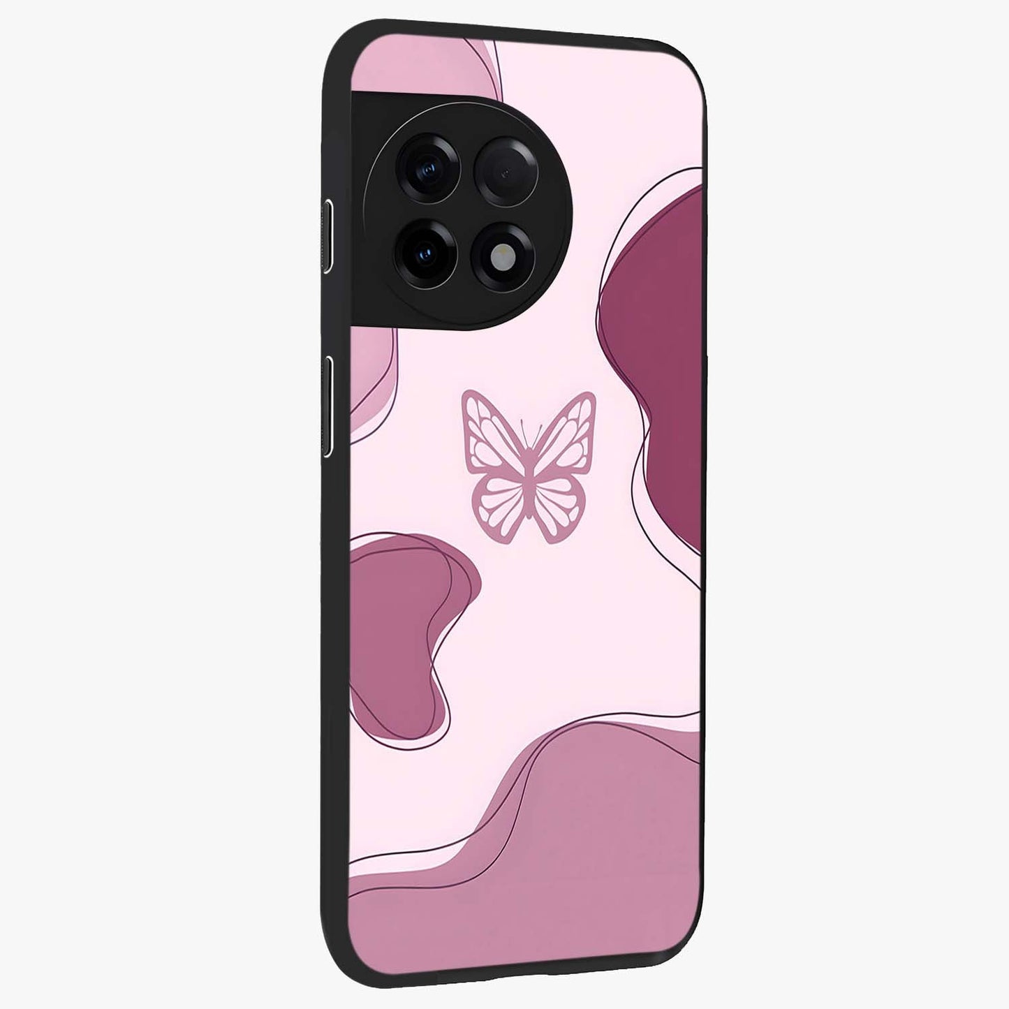 Aesthetic Pinkish Custom Name Butterfly Glass Case for 1+11R side perspective highlighting premium edges and butterfly detailing