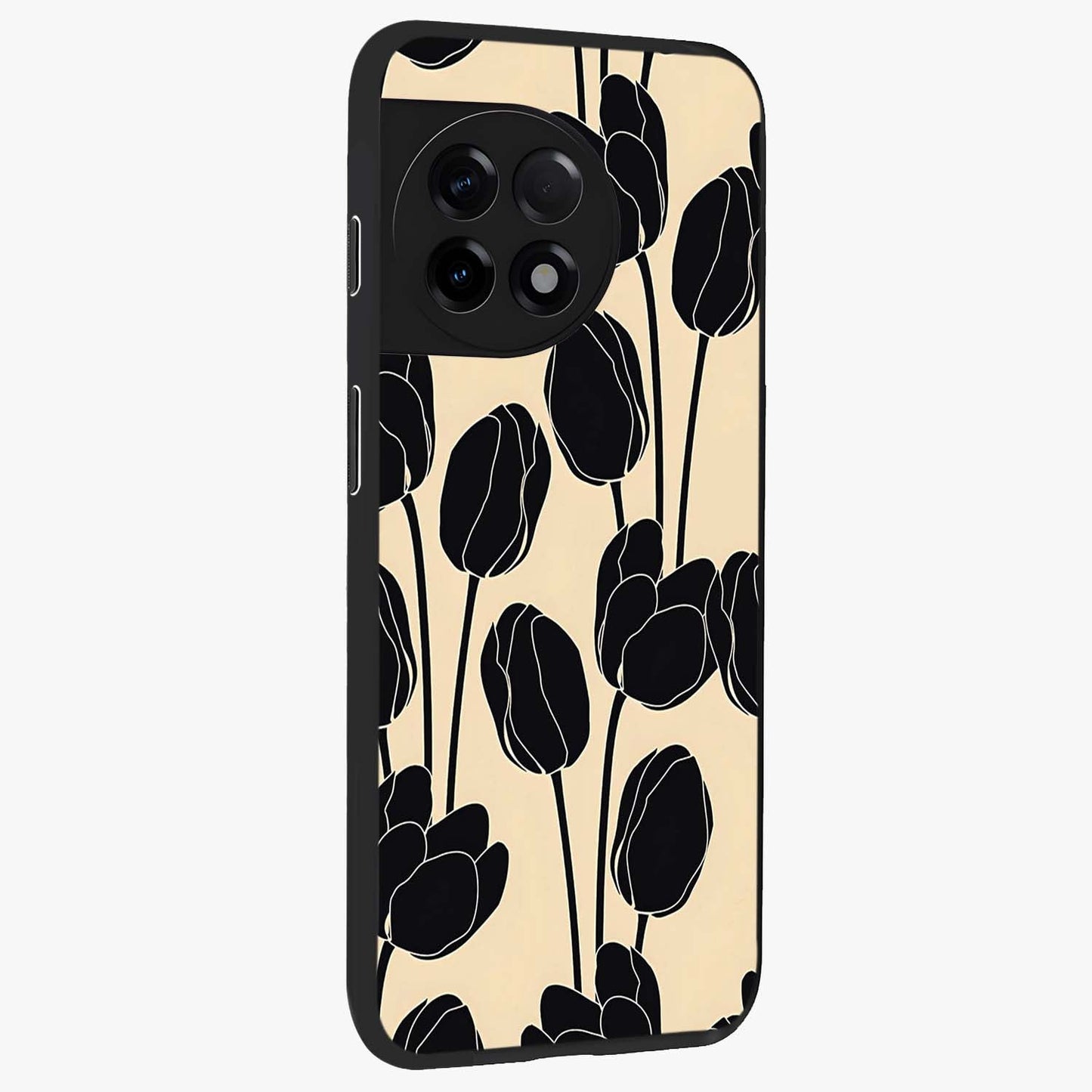 Black Designer Tulip Glass Case for 1+11R side perspective highlighting bold contrast and stylish tulip illustration