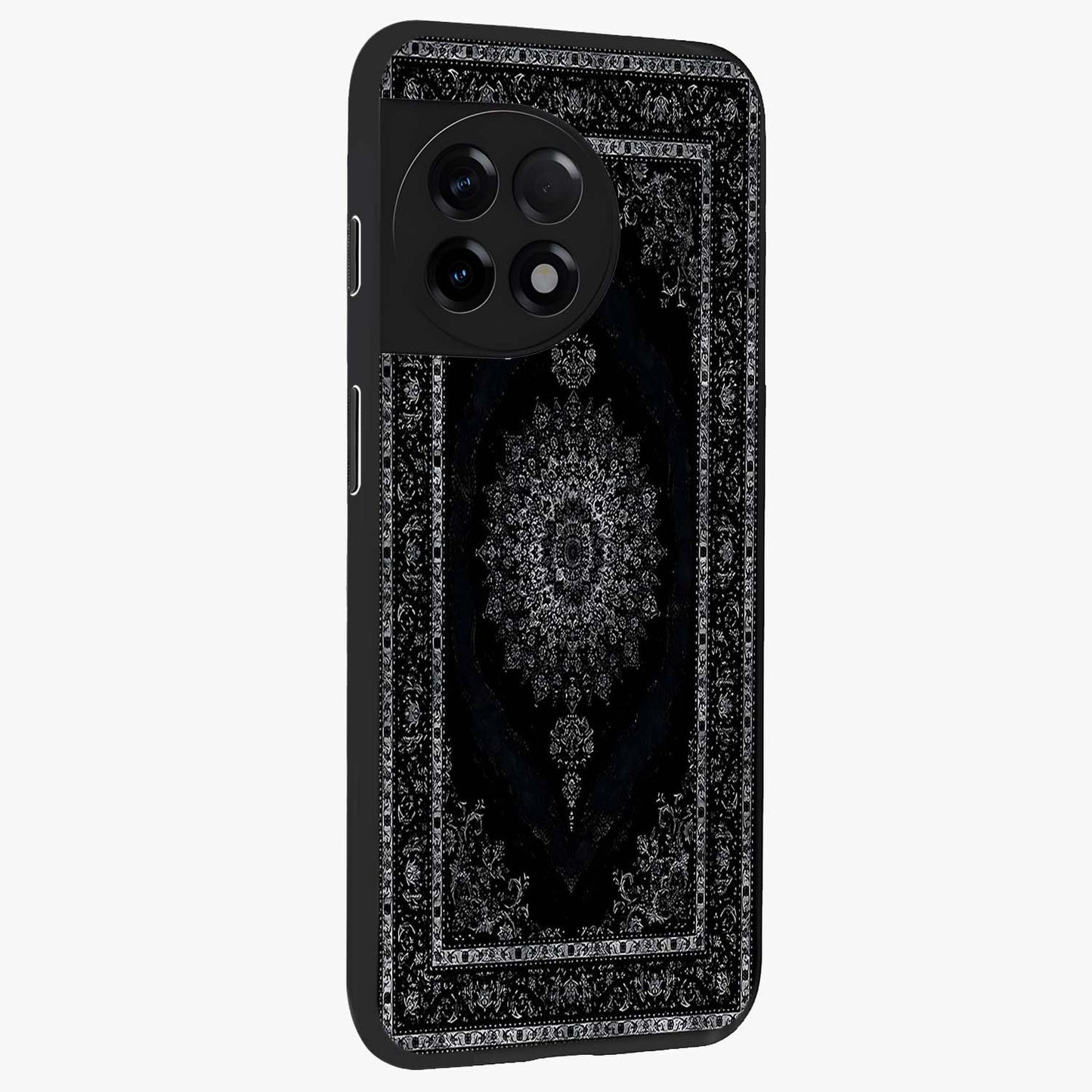 Black Persian Carpet Glass Case for 1+11R side perspective highlighting classic pattern textures and premium build