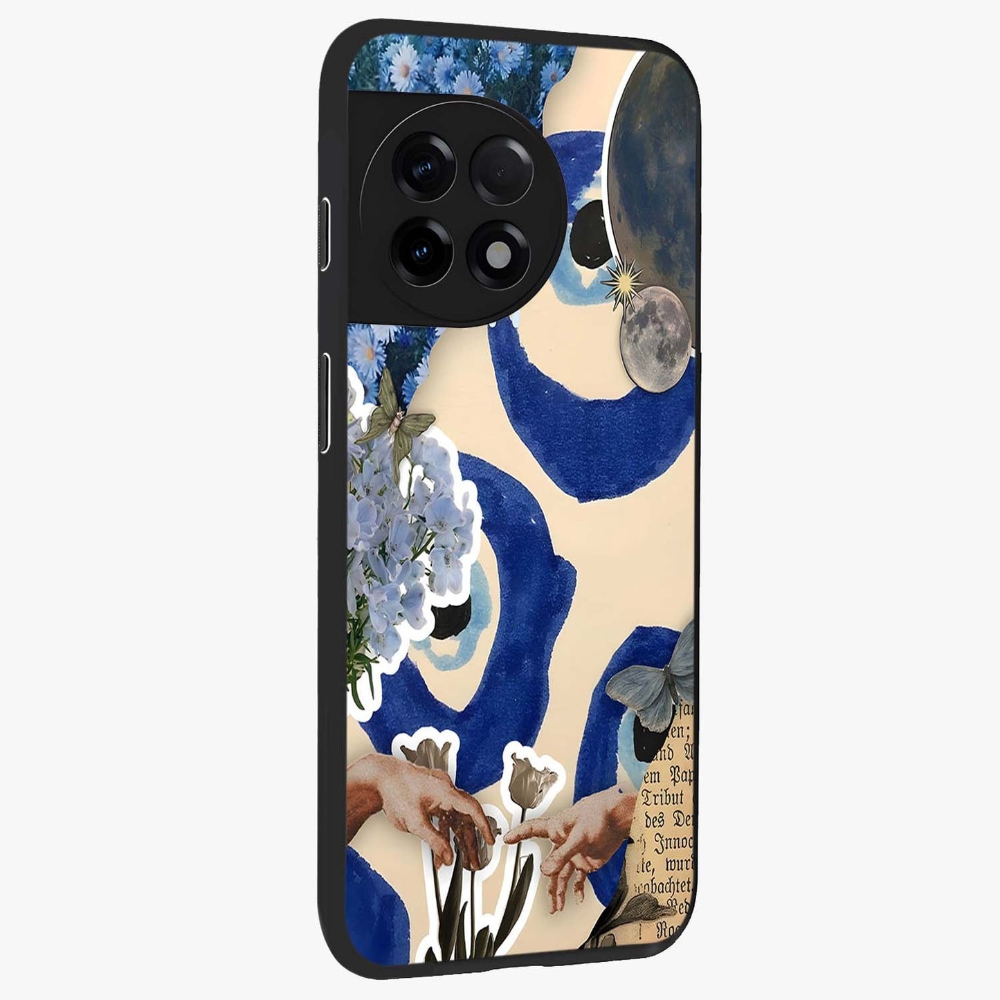 Blue Evil Divine Glass Case for 1+11R side perspective highlighting protective charm detailing and smooth premium edges