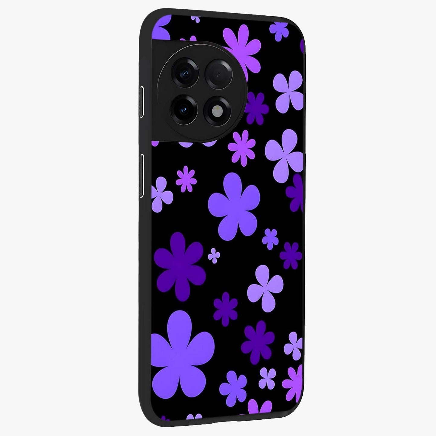 Blue Retro Pop Flowers Glass Case for 1+11R side perspective highlighting colorful vintage floral detailing