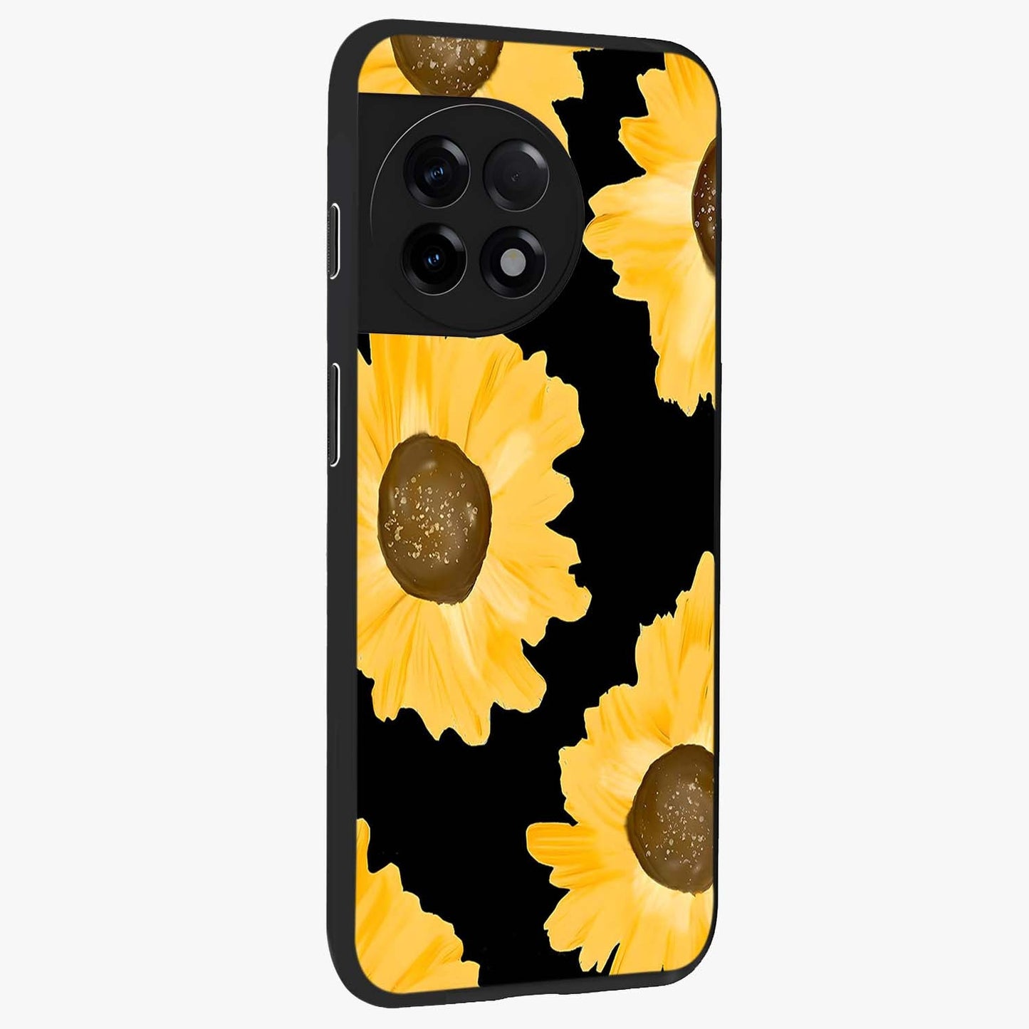 Bold Sunflowers Glow Glass Case for 1+11R side perspective highlighting rich yellow hues and premium edge finish