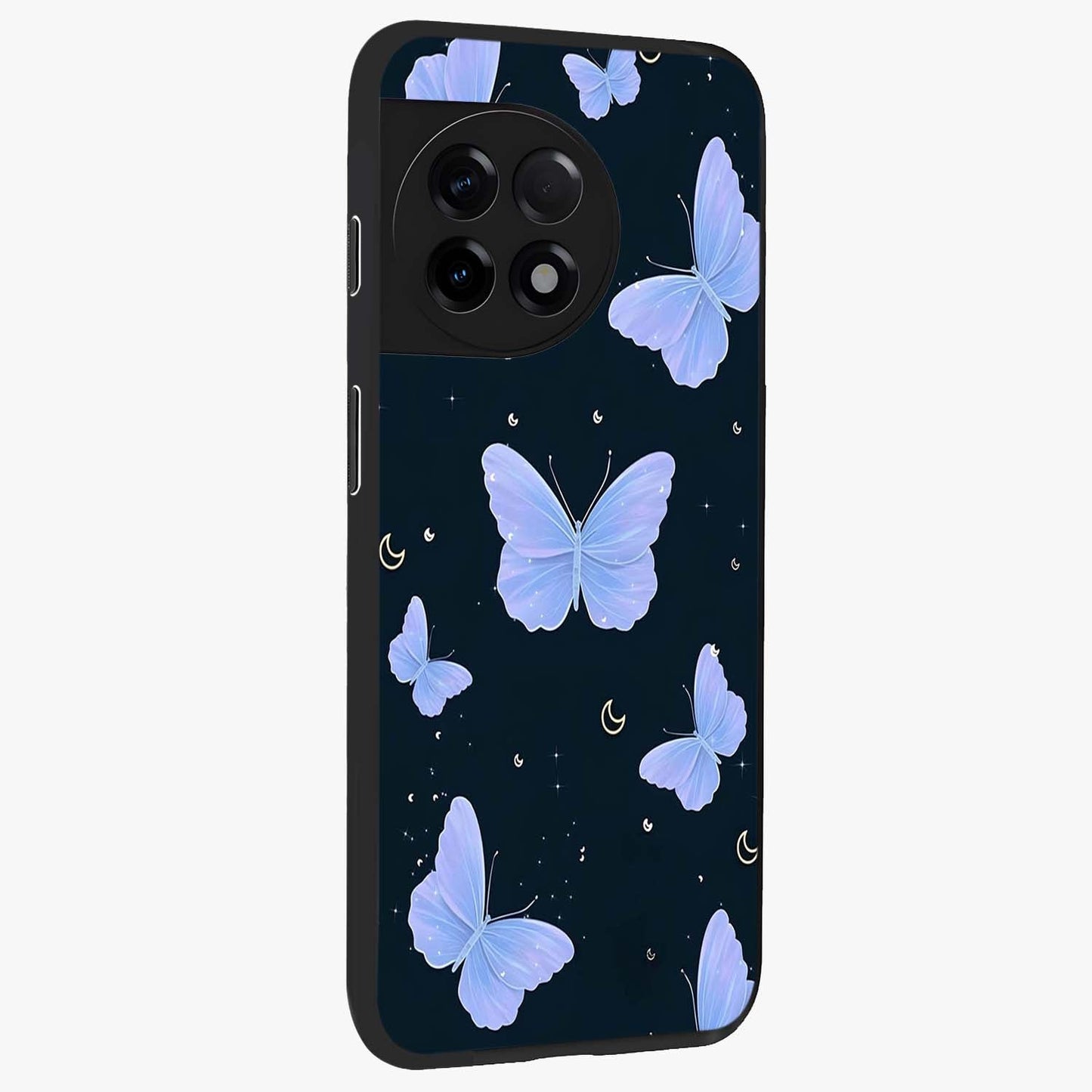Butterfly With Stars Pattern Glass Case for 1+11R side perspective highlighting glowing star details and premium edges
