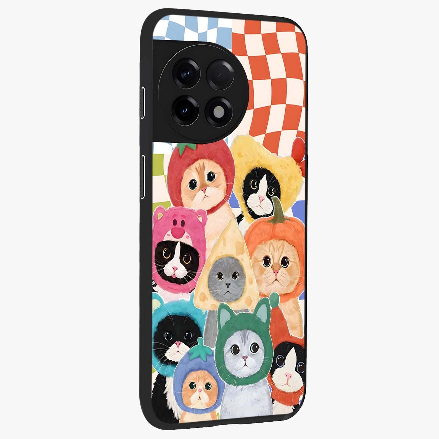 Cats in Fruits Glass Case for 1+11R side perspective highlighting fun detailing and premium smooth edges