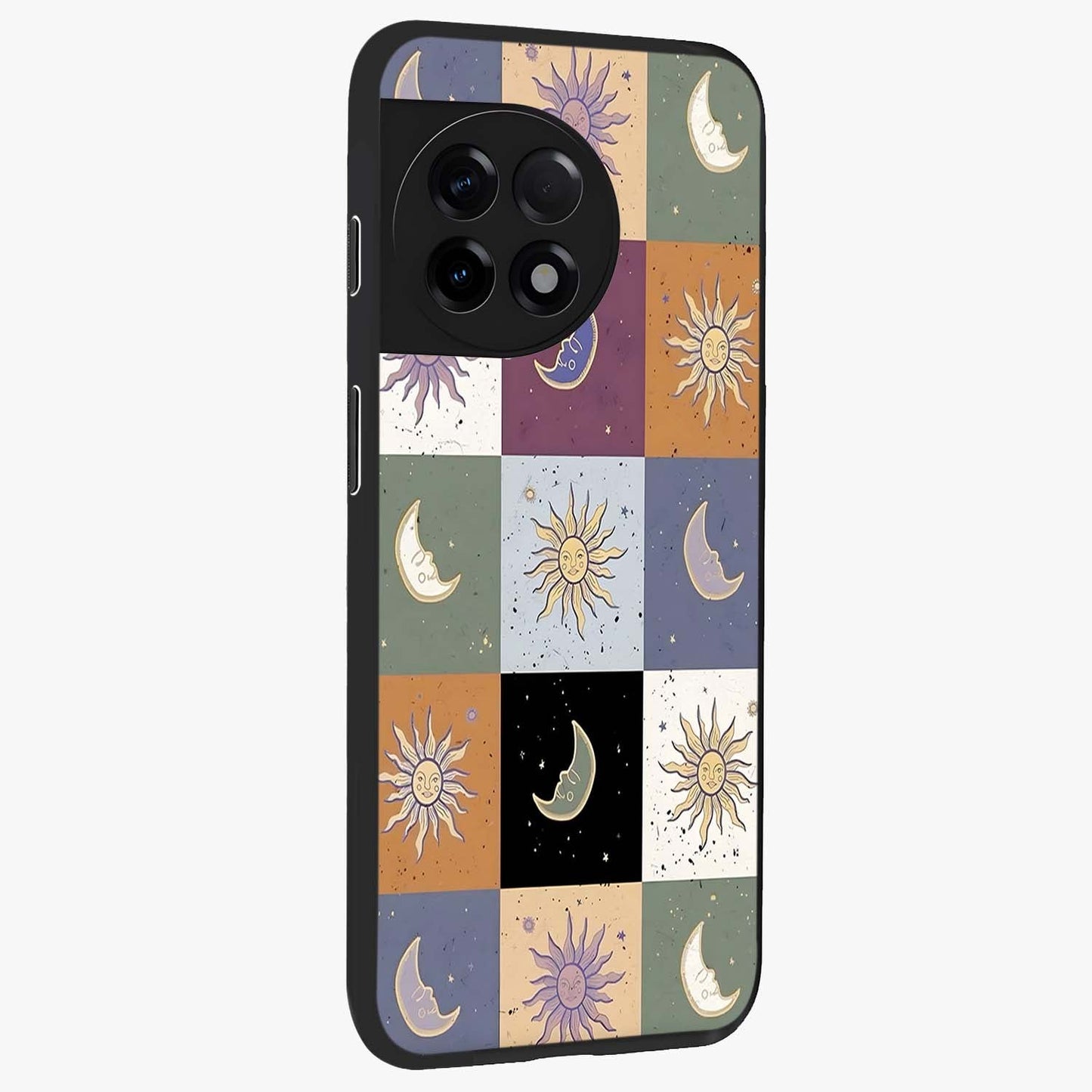 Celestial Patchwork Dreams Glass Case for 1+11R side perspective highlighting vibrant patchwork detailing and sleek edges